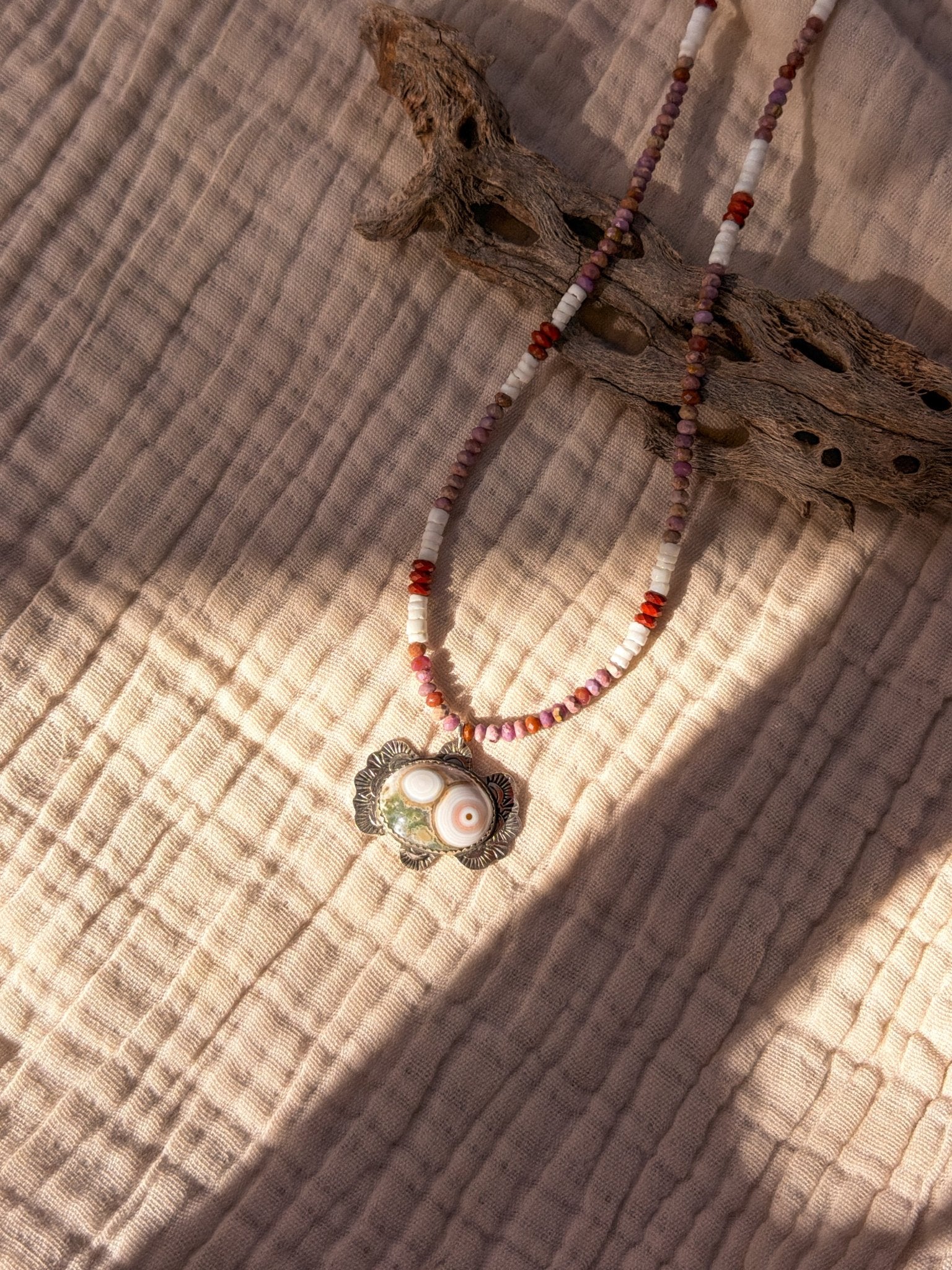 Ocean Jasper Necklace with Rare Sunstone Iolite, Red Jasper, Shell Beads - Golden Road Crafted