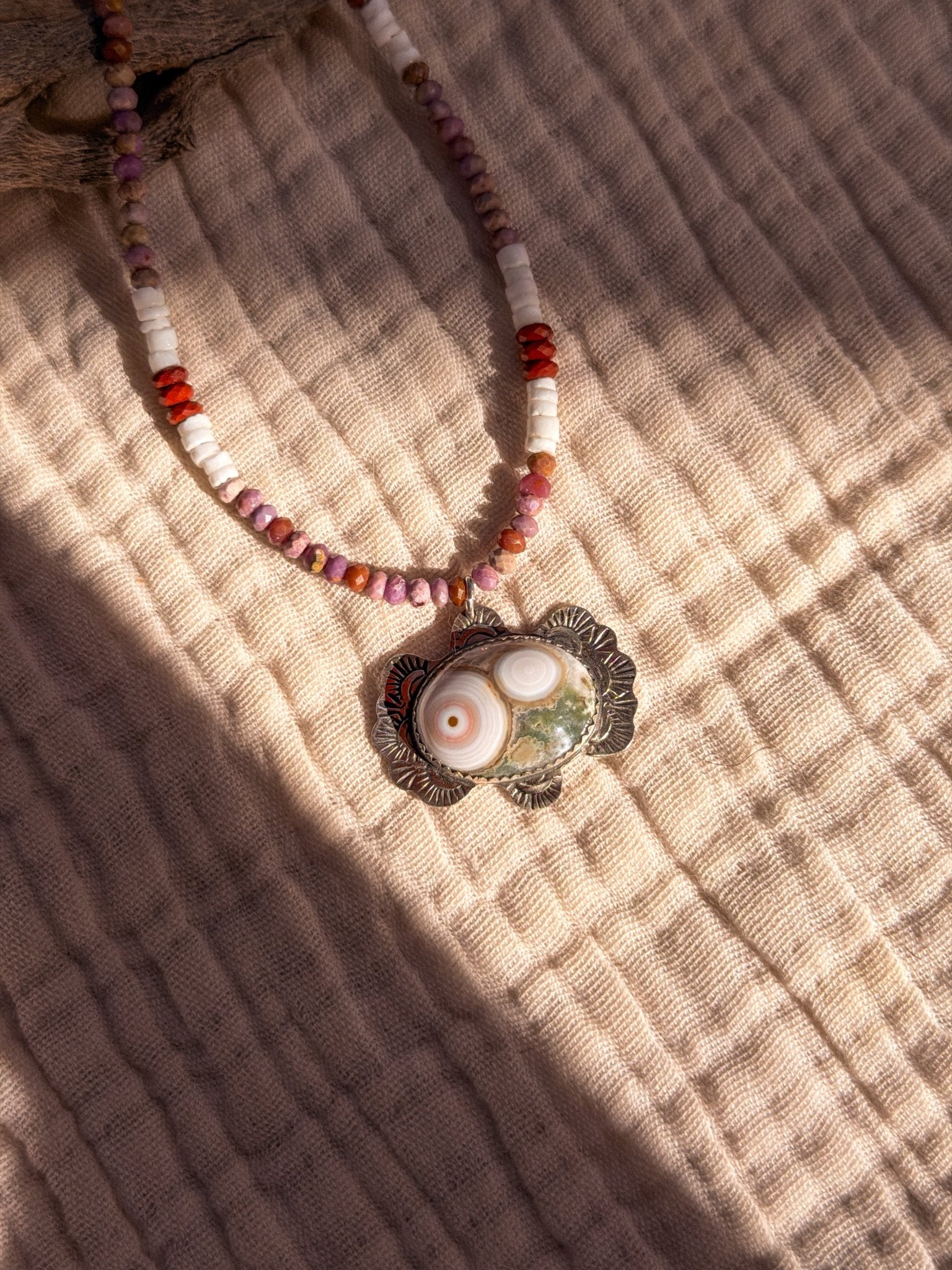 Ocean Jasper Necklace with Rare Sunstone Iolite, Red Jasper, Shell Beads - Golden Road Crafted