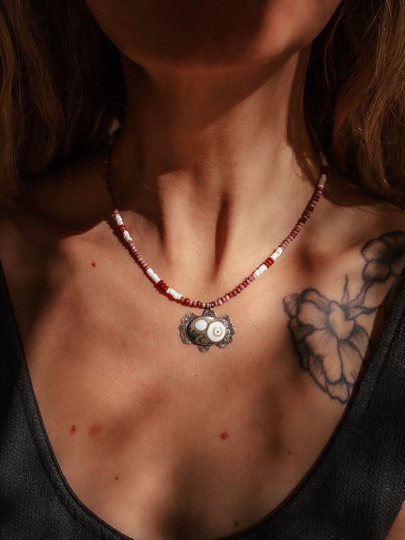 Ocean Jasper Necklace with Rare Sunstone Iolite, Red Jasper, Shell Beads - Golden Road Crafted