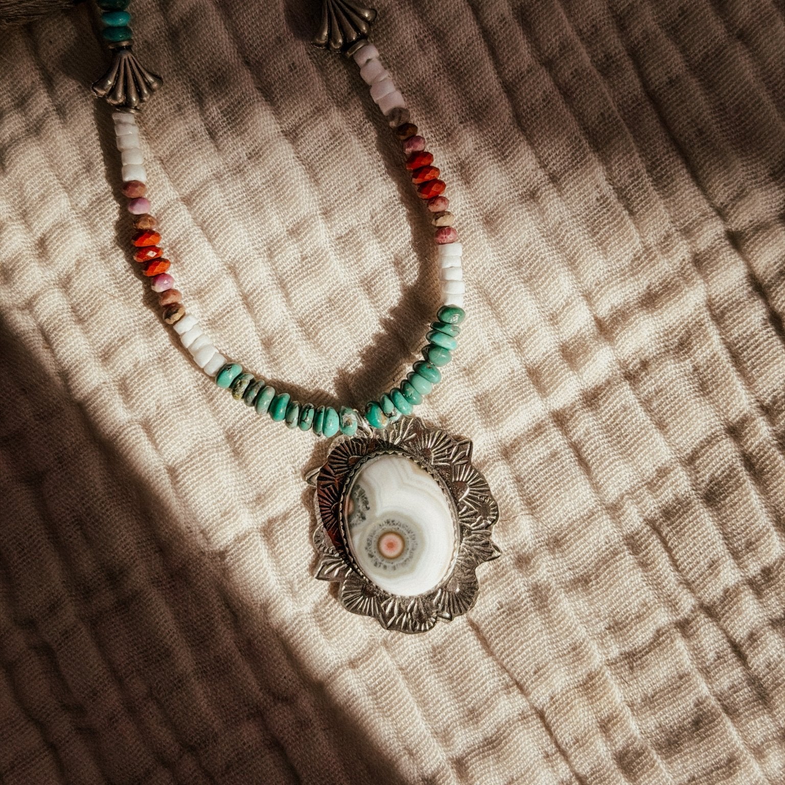 Ocean Jasper Necklace with Rare Sunstone Iolite, Red Jasper, Shell, Turquoise & Sterling Beads - Golden Road Crafted