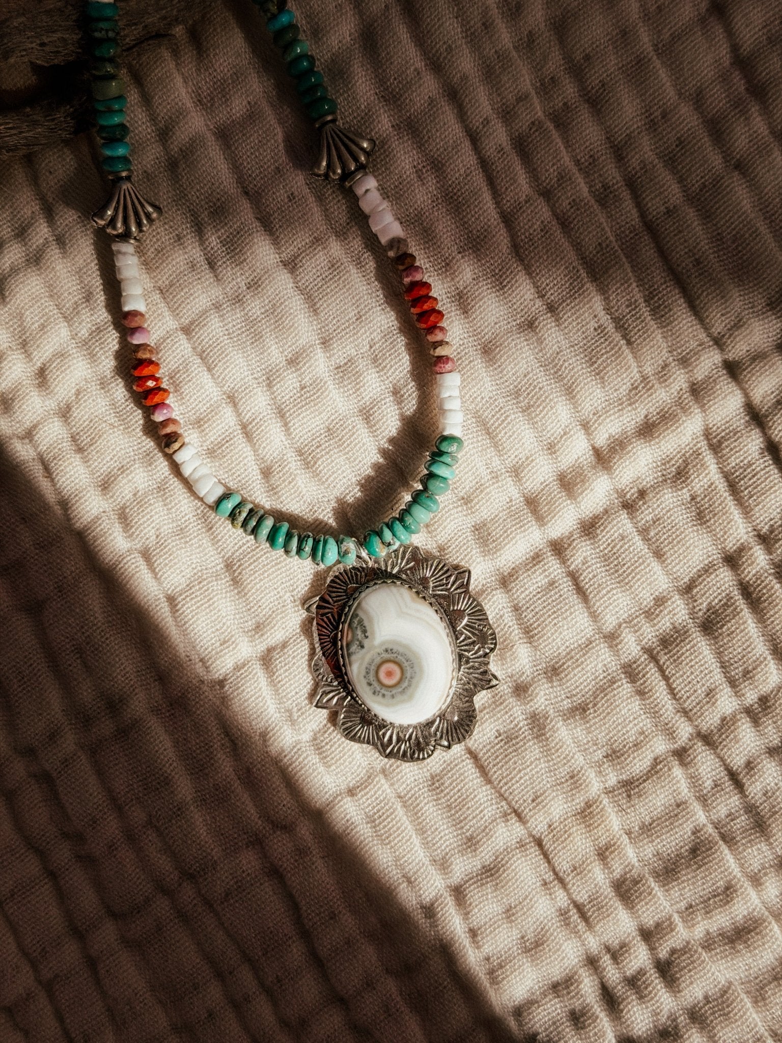 Ocean Jasper Necklace with Rare Sunstone Iolite, Red Jasper, Shell, Turquoise & Sterling Beads - Golden Road Crafted