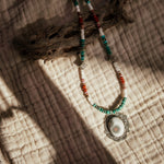 Ocean Jasper Necklace with Rare Sunstone Iolite, Red Jasper, Shell, Turquoise & Sterling Beads - Golden Road Crafted