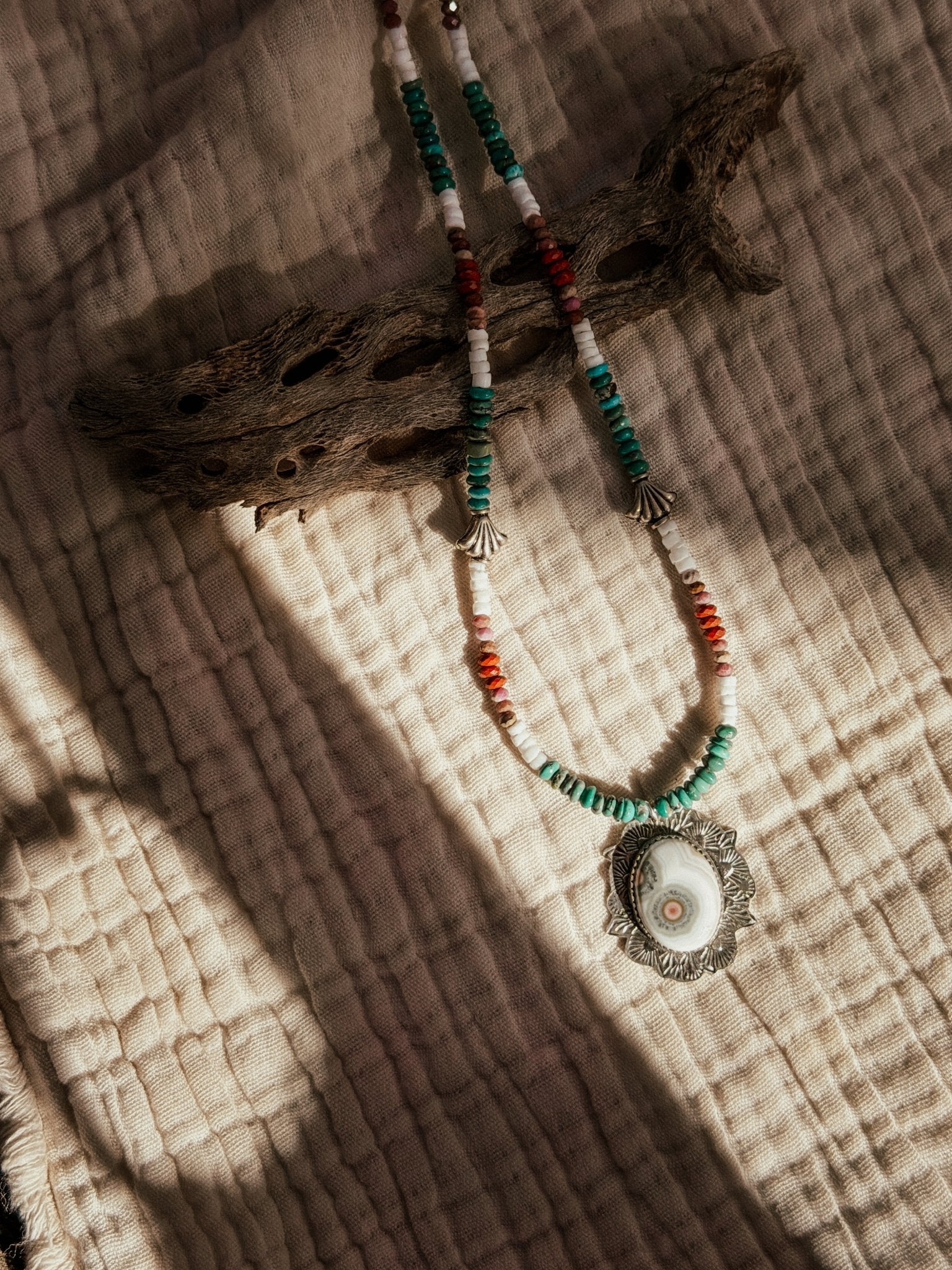 Ocean Jasper Necklace with Rare Sunstone Iolite, Red Jasper, Shell, Turquoise & Sterling Beads - Golden Road Crafted