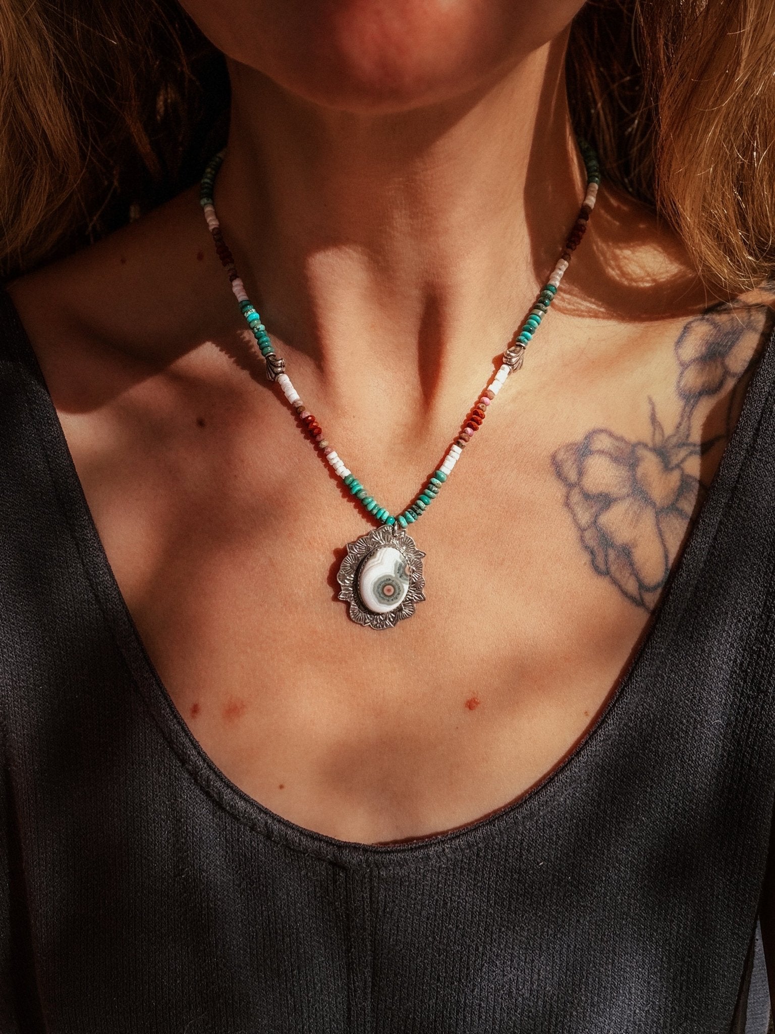 Ocean Jasper Necklace with Rare Sunstone Iolite, Red Jasper, Shell, Turquoise & Sterling Beads - Golden Road Crafted