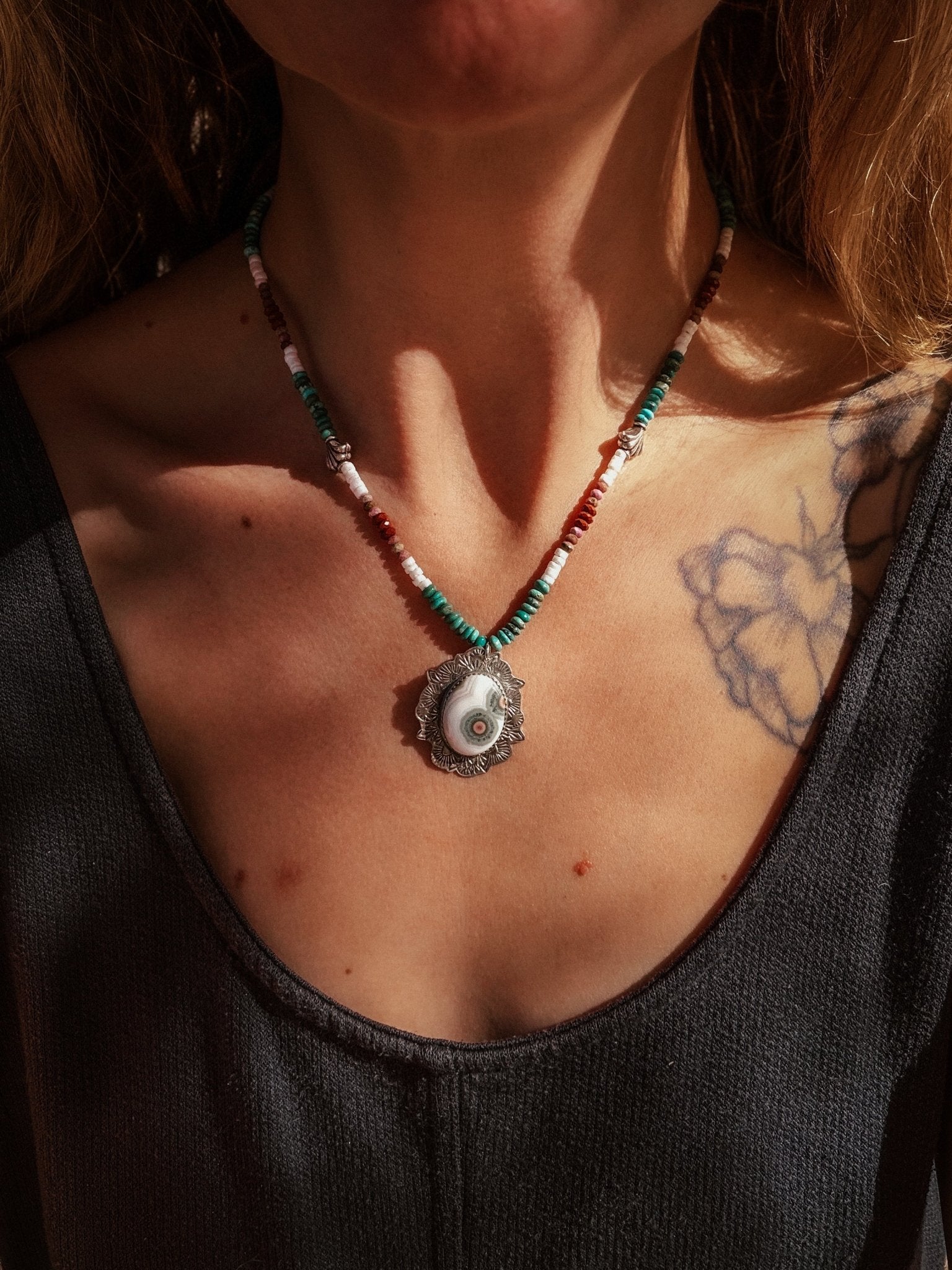 Ocean Jasper Necklace with Rare Sunstone Iolite, Red Jasper, Shell, Turquoise & Sterling Beads - Golden Road Crafted