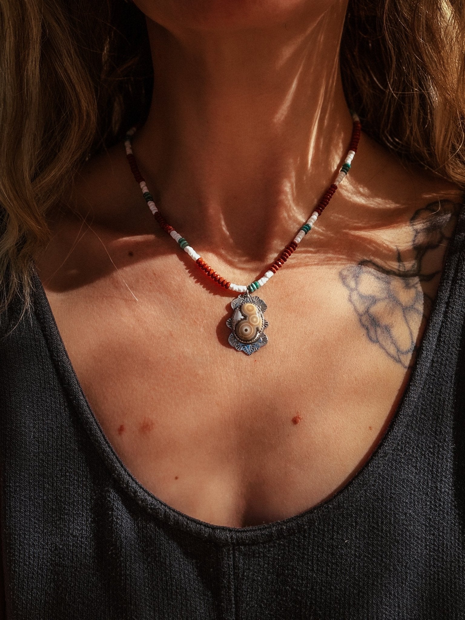 Ocean Jasper Necklace with Red Jasper, Shell, & Turquoise Beads - Golden Road Crafted