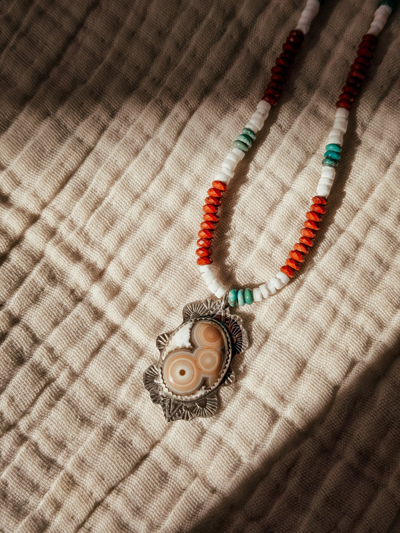 Ocean Jasper Necklace with Red Jasper, Shell, & Turquoise Beads - Golden Road Crafted