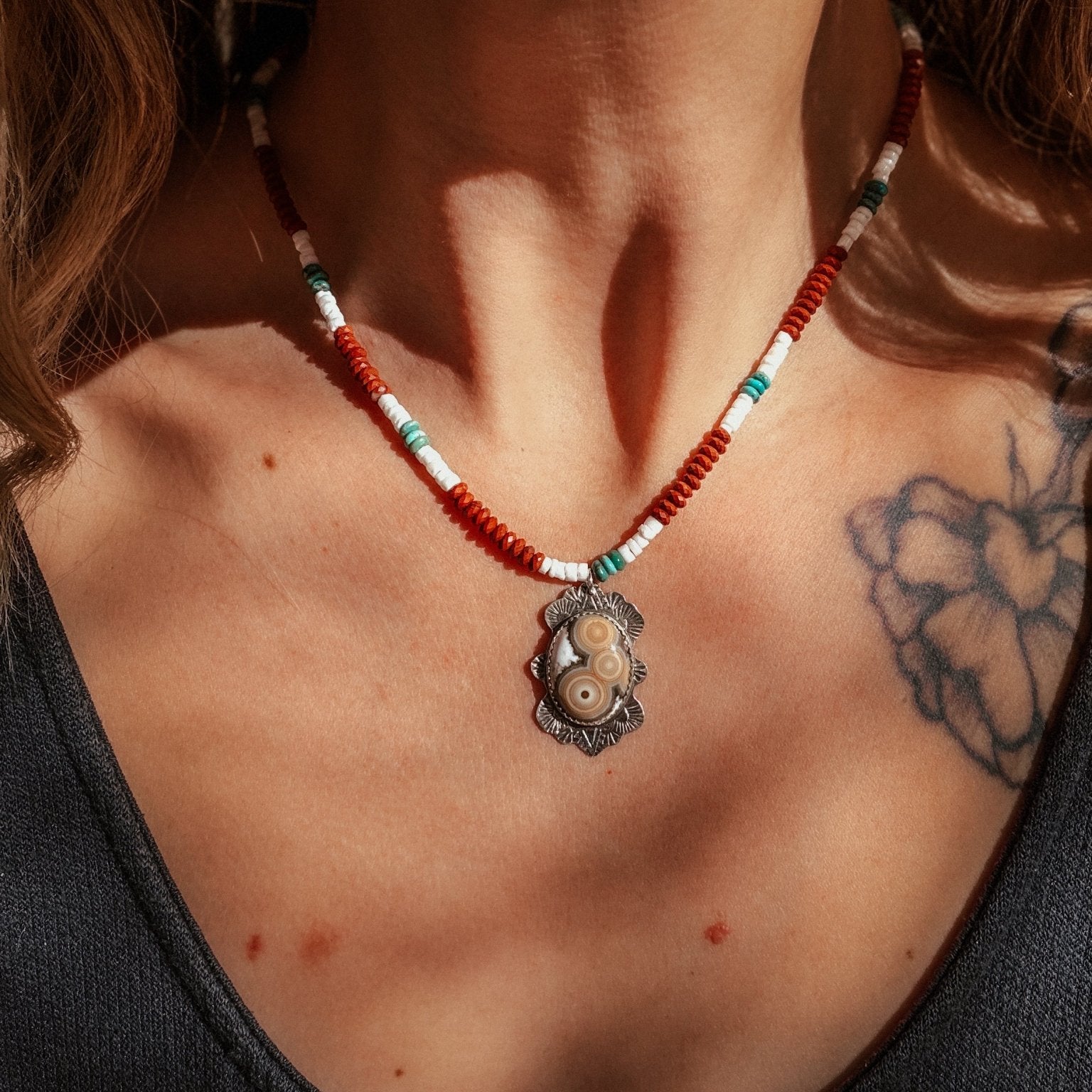 Ocean Jasper Necklace with Red Jasper, Shell, & Turquoise Beads - Golden Road Crafted