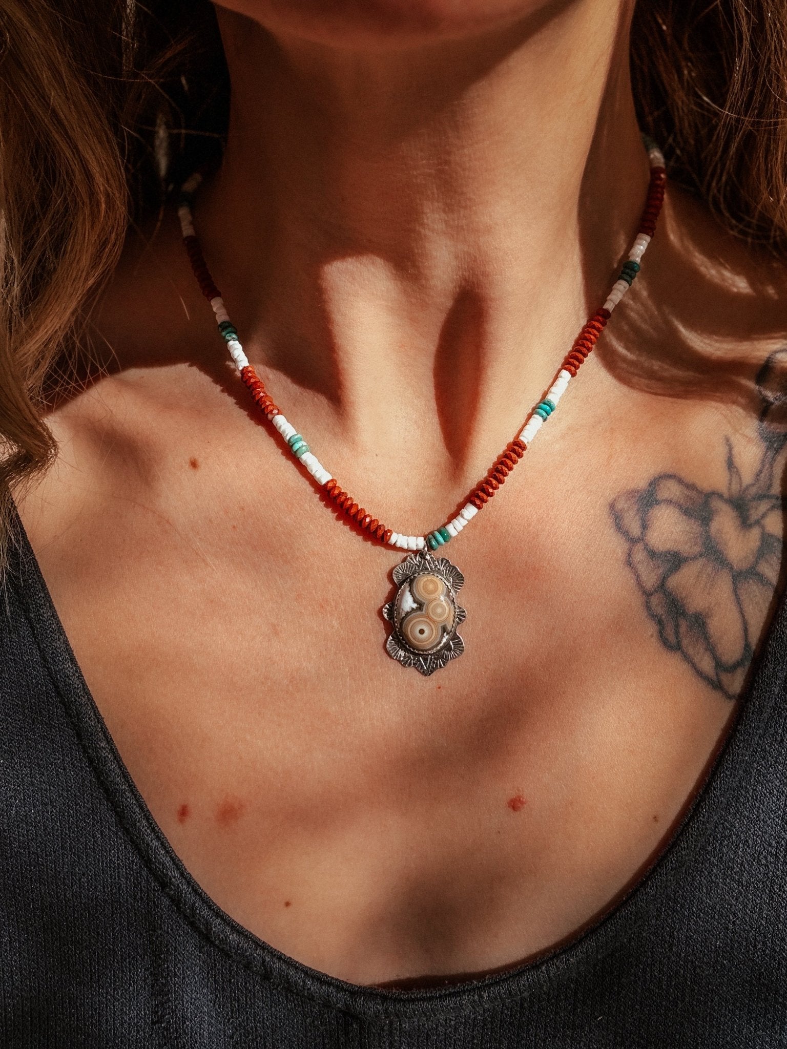 Ocean Jasper Necklace with Red Jasper, Shell, & Turquoise Beads - Golden Road Crafted