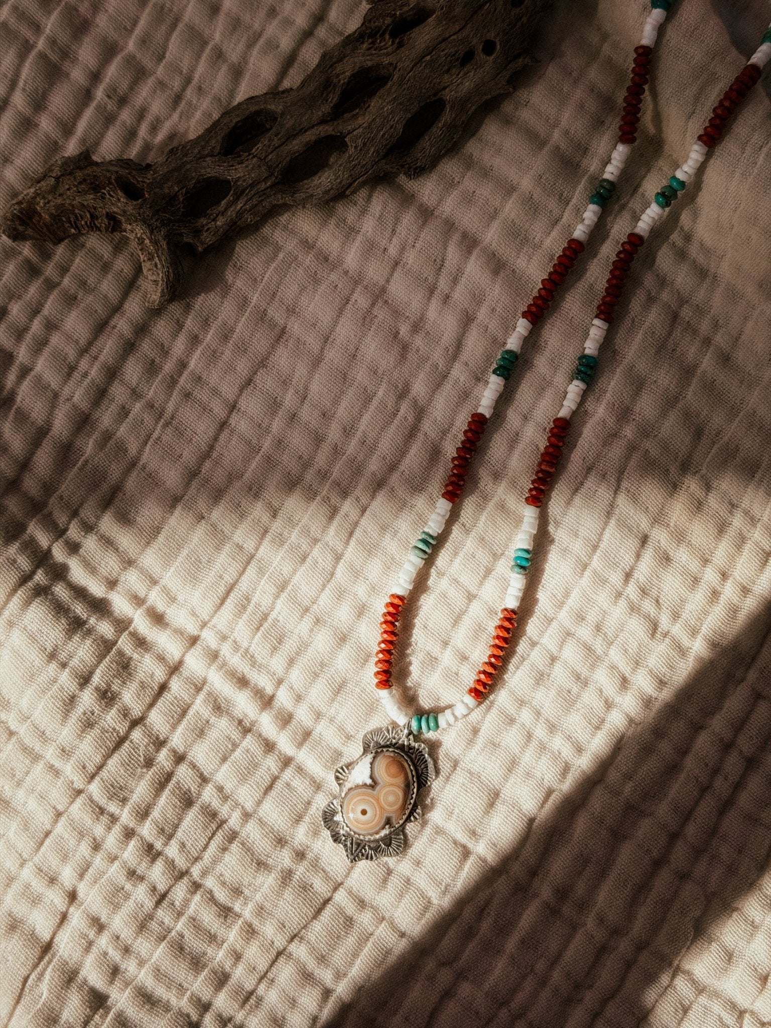 Ocean Jasper Necklace with Red Jasper, Shell, & Turquoise Beads - Golden Road Crafted