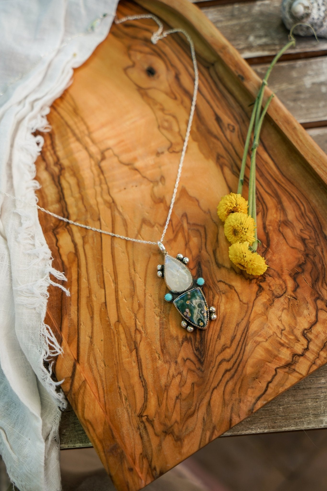 Ocean Jasper, Rainbow Moonstone, & Lone Mtn Turquoise Pendant - Golden Road Crafted