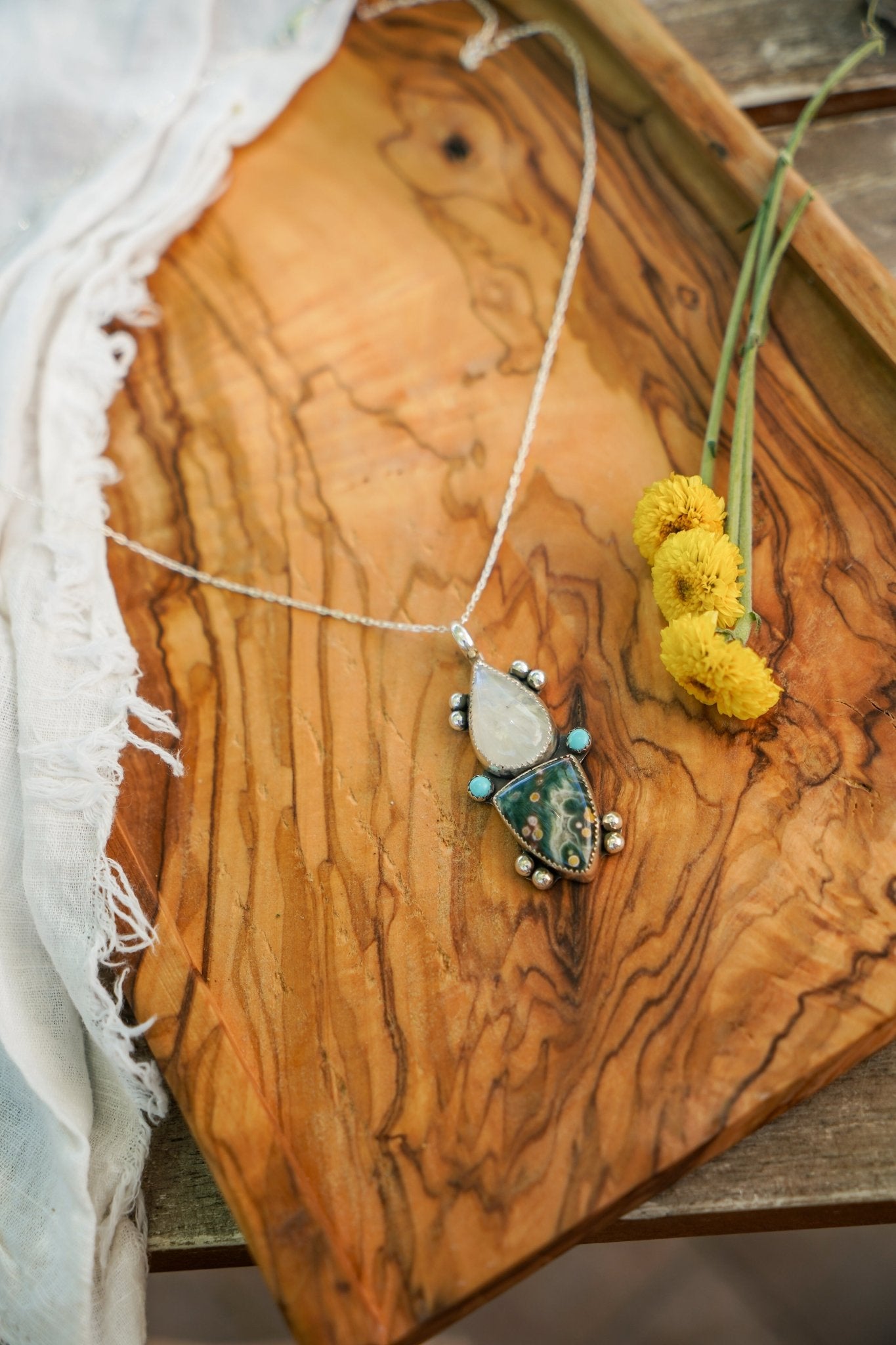 Ocean Jasper, Rainbow Moonstone, & Lone Mtn Turquoise Pendant - Golden Road Crafted