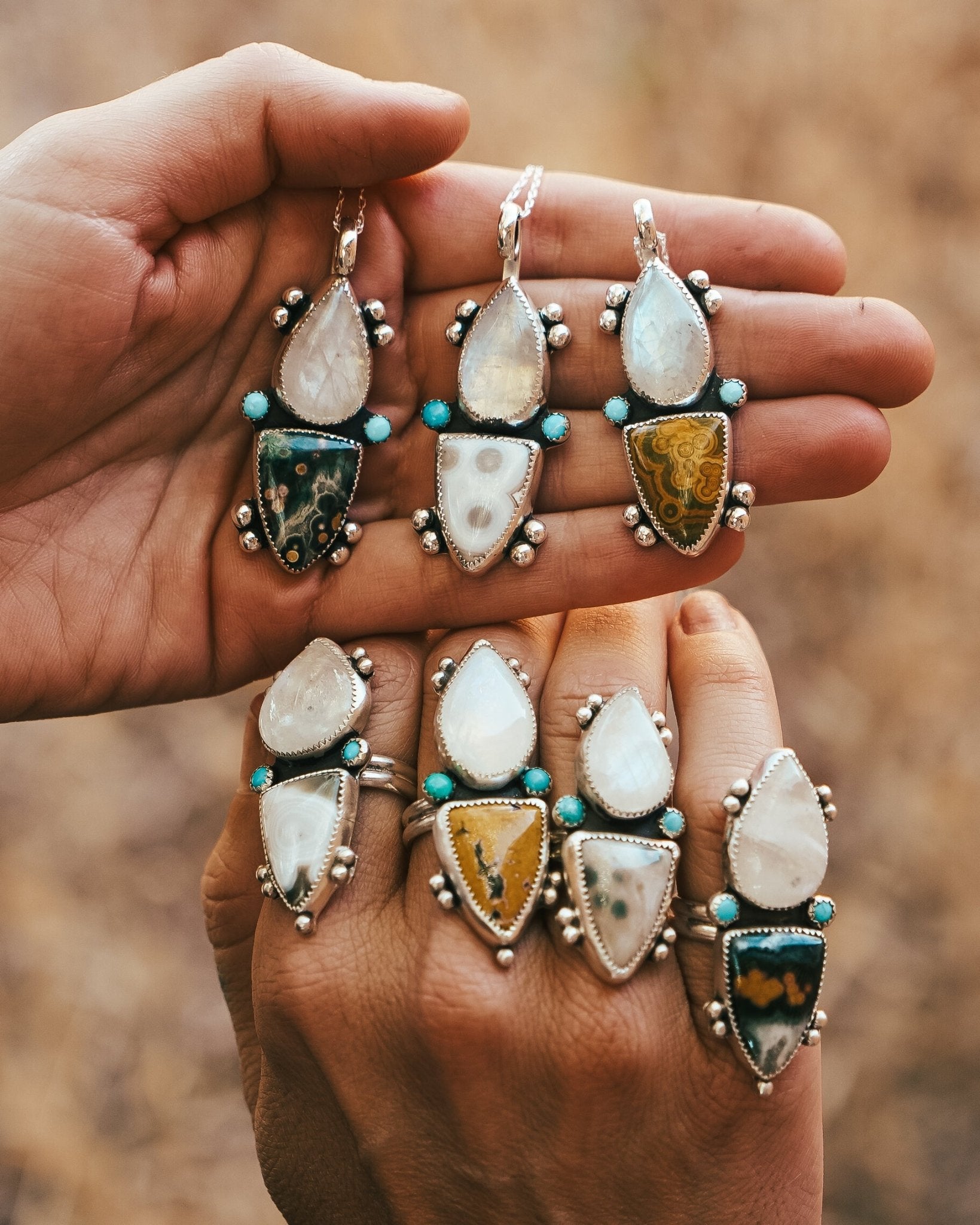 Ocean Jasper, Rainbow Moonstone, & Lone Mtn Turquoise Pendant - Golden Road Crafted