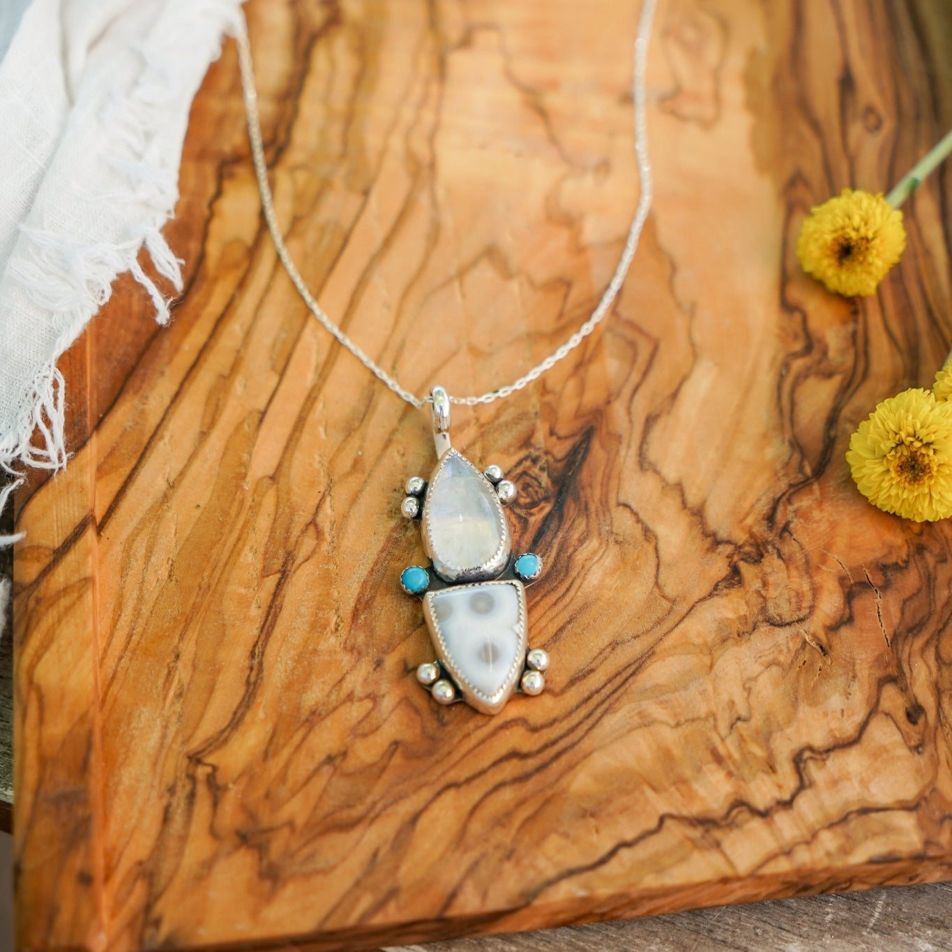 Ocean Jasper, Rainbow Moonstone, & Lone Mtn Turquoise Pendant - Golden Road Crafted