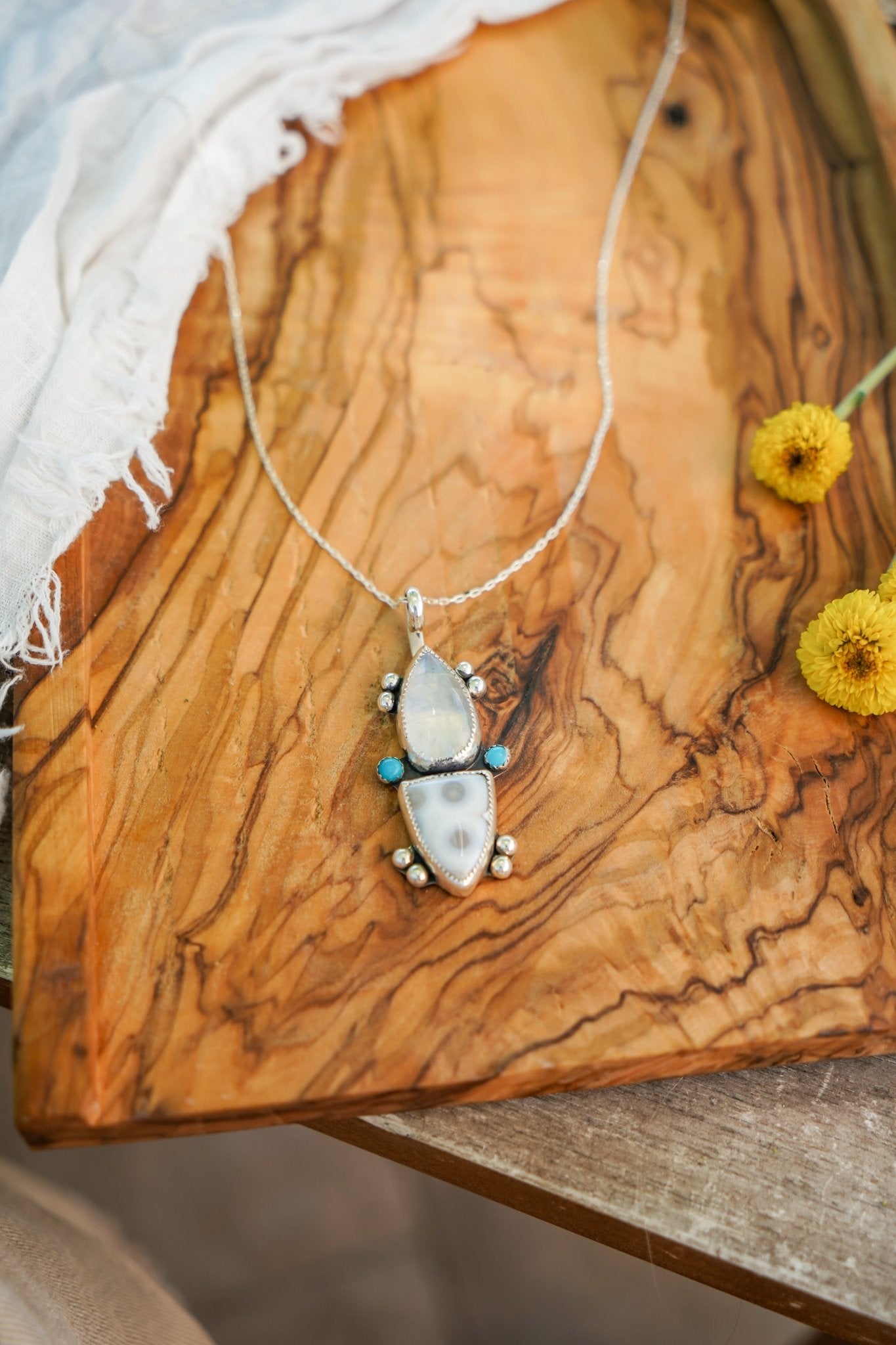 Ocean Jasper, Rainbow Moonstone, & Lone Mtn Turquoise Pendant - Golden Road Crafted