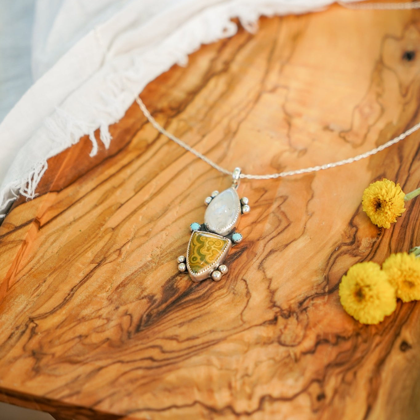 Ocean Jasper, Rainbow Moonstone, & Lone Mtn Turquoise Pendant - Golden Road Crafted