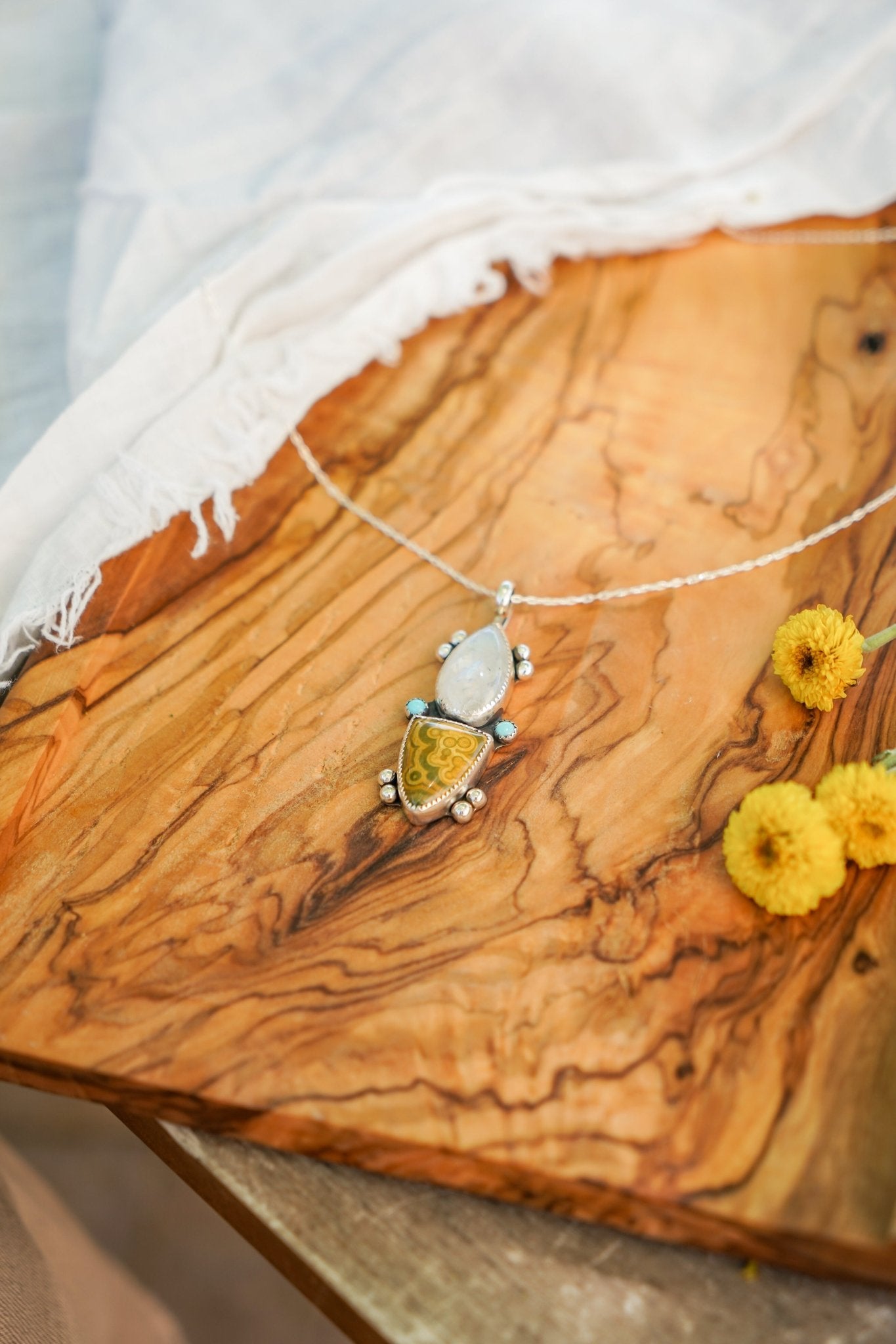 Ocean Jasper, Rainbow Moonstone, & Lone Mtn Turquoise Pendant - Golden Road Crafted