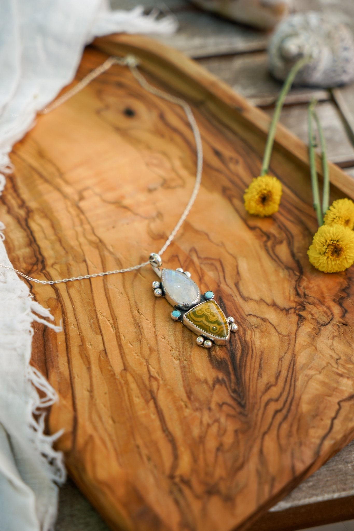 Ocean Jasper, Rainbow Moonstone, & Lone Mtn Turquoise Pendant - Golden Road Crafted