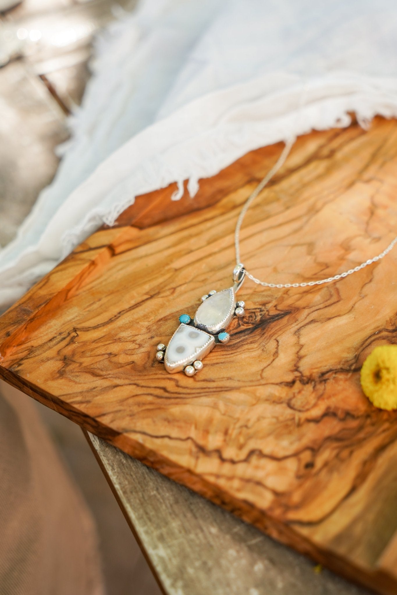 Ocean Jasper, Rainbow Moonstone, & Lone Mtn Turquoise Pendant - Golden Road Crafted