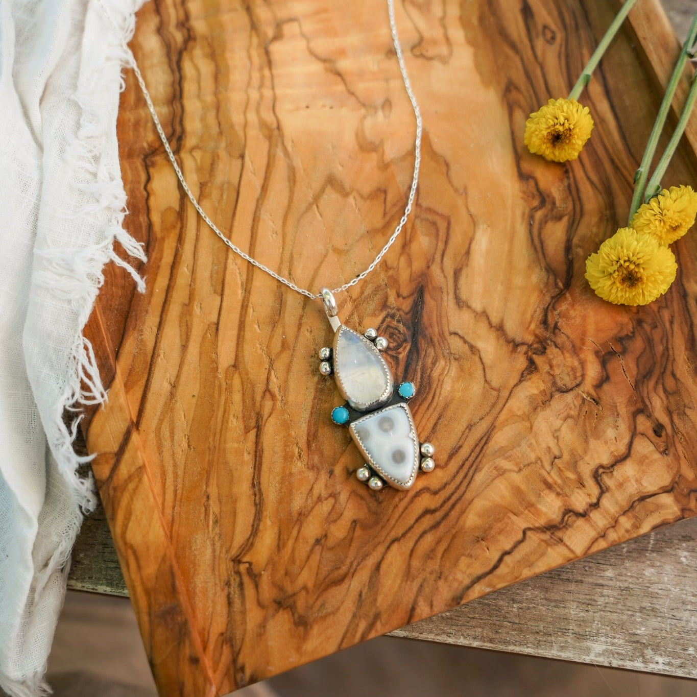 Ocean Jasper, Rainbow Moonstone, & Lone Mtn Turquoise Pendant - Golden Road Crafted