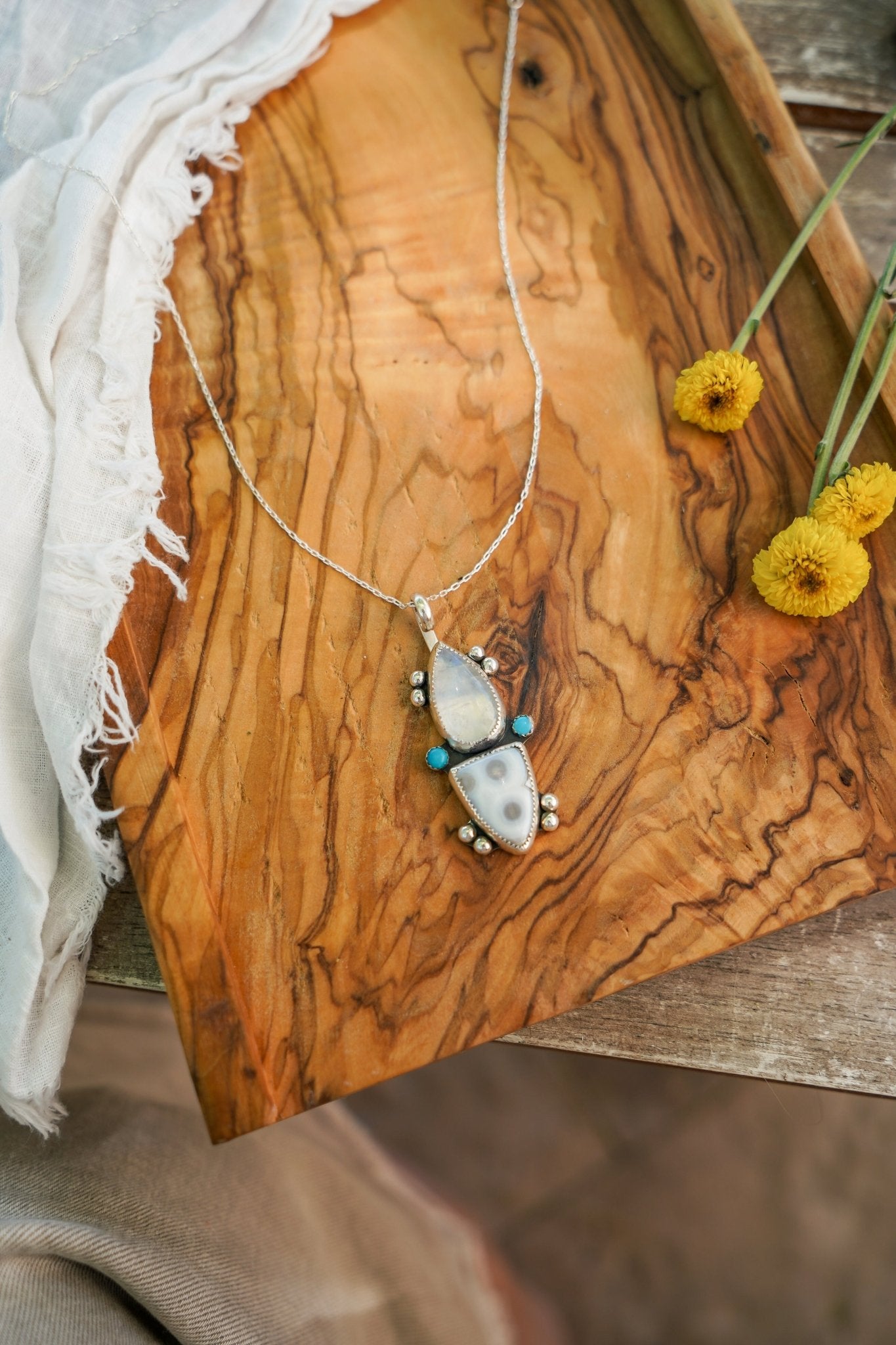 Ocean Jasper, Rainbow Moonstone, & Lone Mtn Turquoise Pendant - Golden Road Crafted