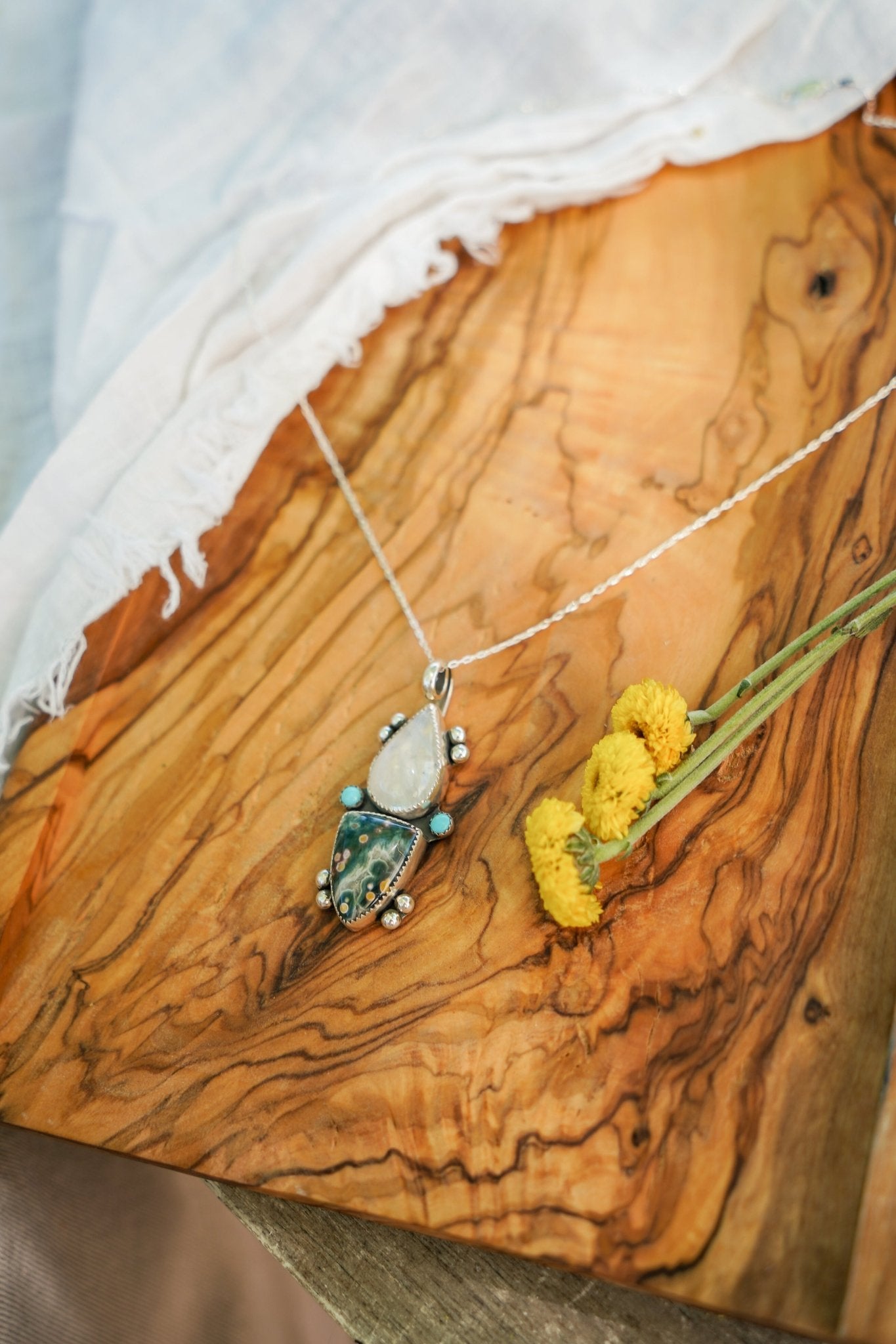 Ocean Jasper, Rainbow Moonstone, & Lone Mtn Turquoise Pendant - Golden Road Crafted