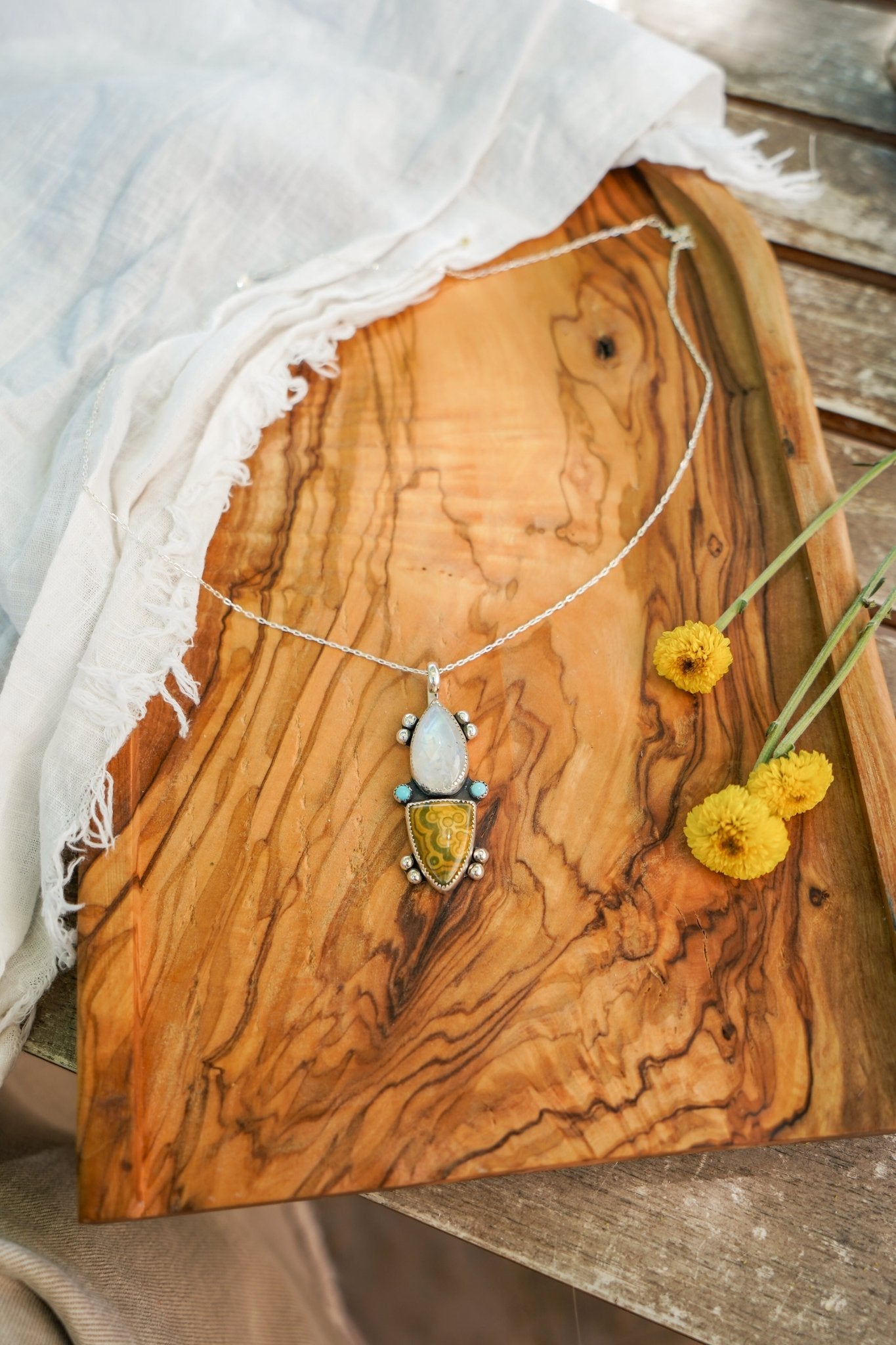 Ocean Jasper, Rainbow Moonstone, & Lone Mtn Turquoise Pendant - Golden Road Crafted