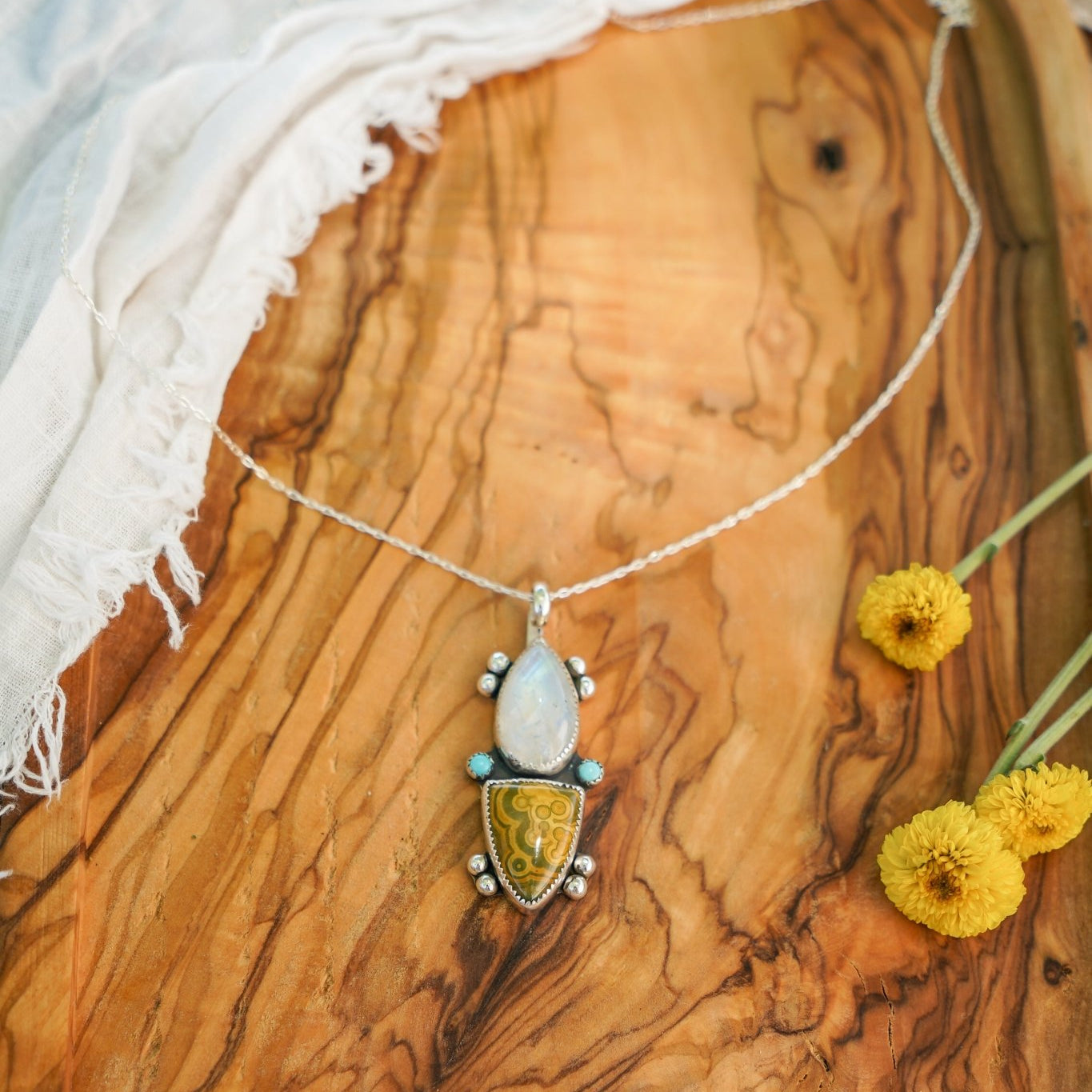 Ocean Jasper, Rainbow Moonstone, & Lone Mtn Turquoise Pendant - Golden Road Crafted
