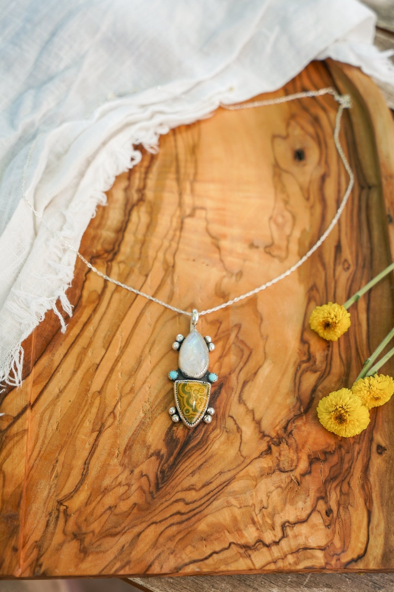 Ocean Jasper, Rainbow Moonstone, & Lone Mtn Turquoise Pendant - Golden Road Crafted