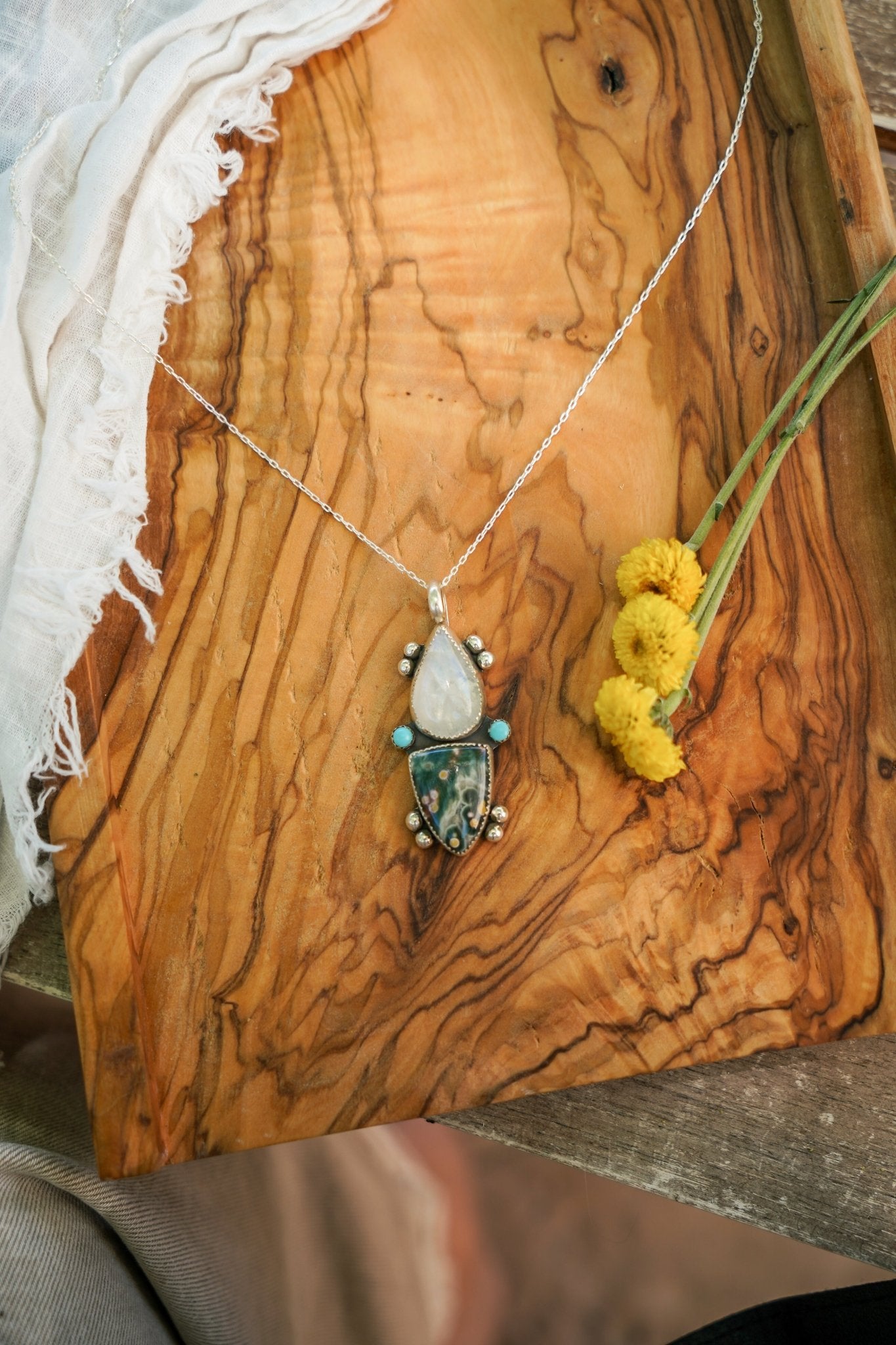 Ocean Jasper, Rainbow Moonstone, & Lone Mtn Turquoise Pendant - Golden Road Crafted
