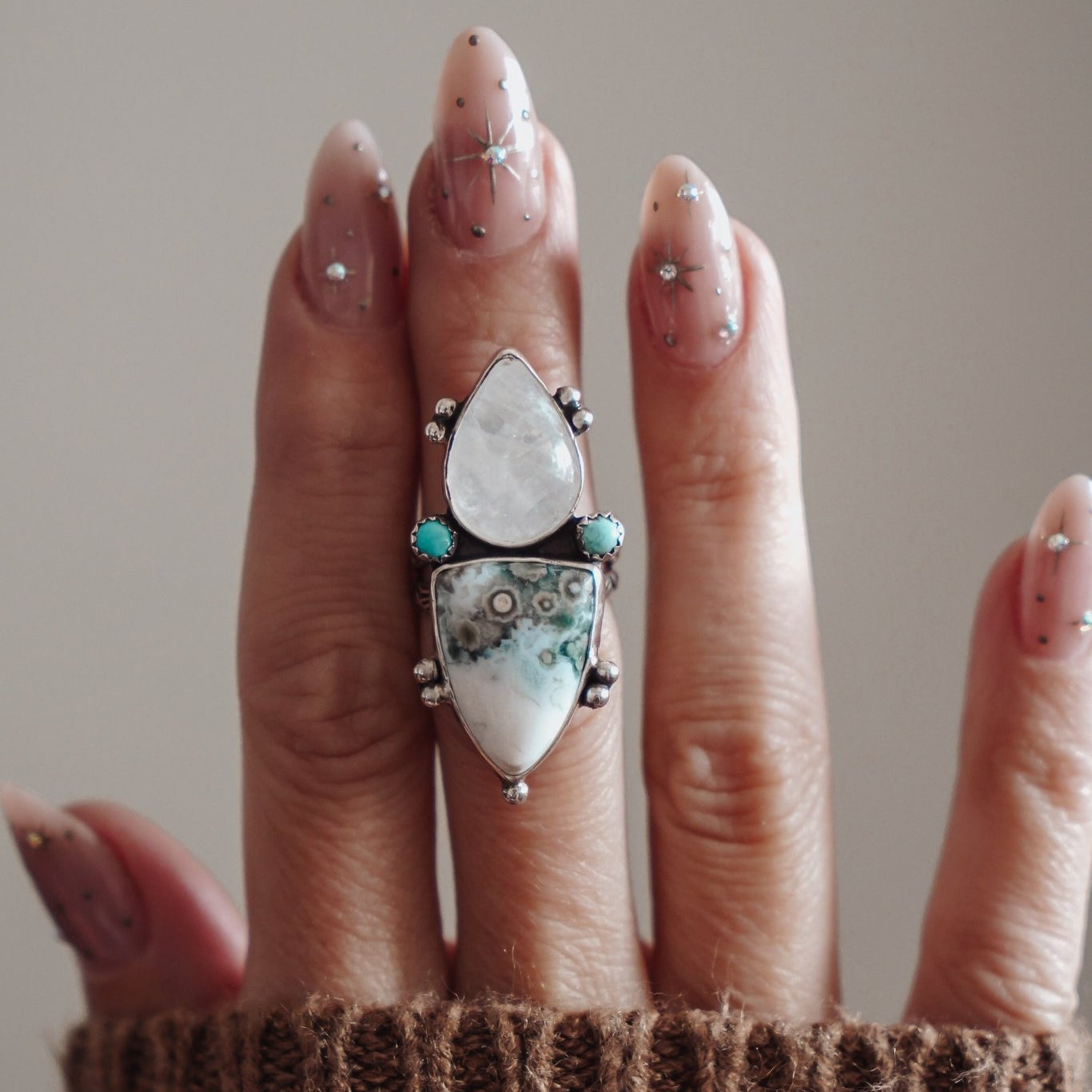 Ocean Jasper, Rainbow Moonstone, & Lone Mtn Turquoise Ring (Size 6) - Golden Road Crafted