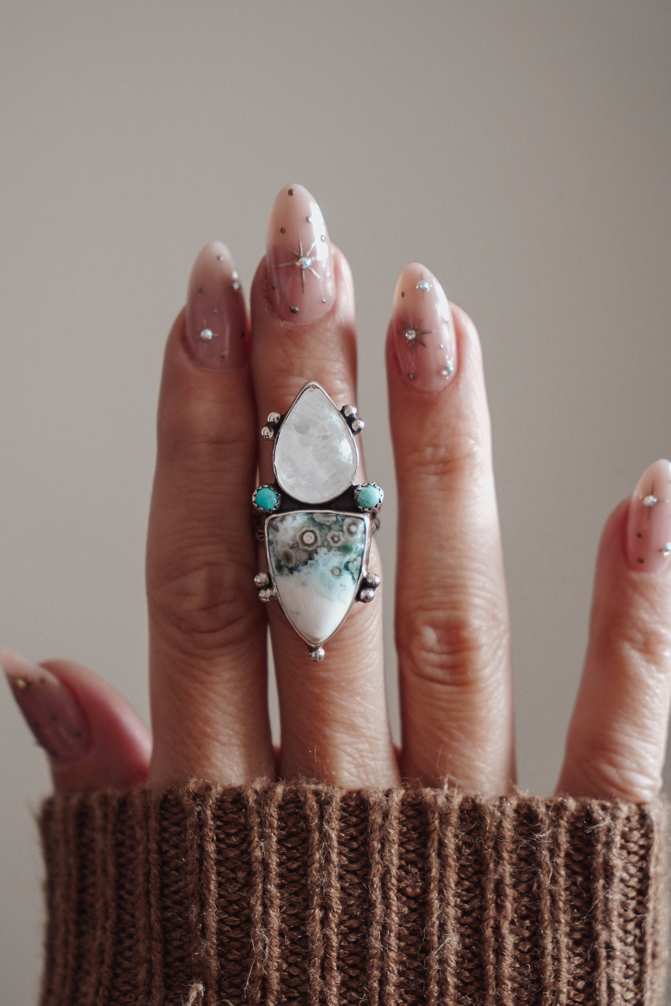 Ocean Jasper, Rainbow Moonstone, & Lone Mtn Turquoise Ring (Size 6) - Golden Road Crafted