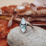 Ocean Jasper, Rainbow Moonstone, & Lone Mtn Turquoise Ring (Size 6) - Golden Road Crafted