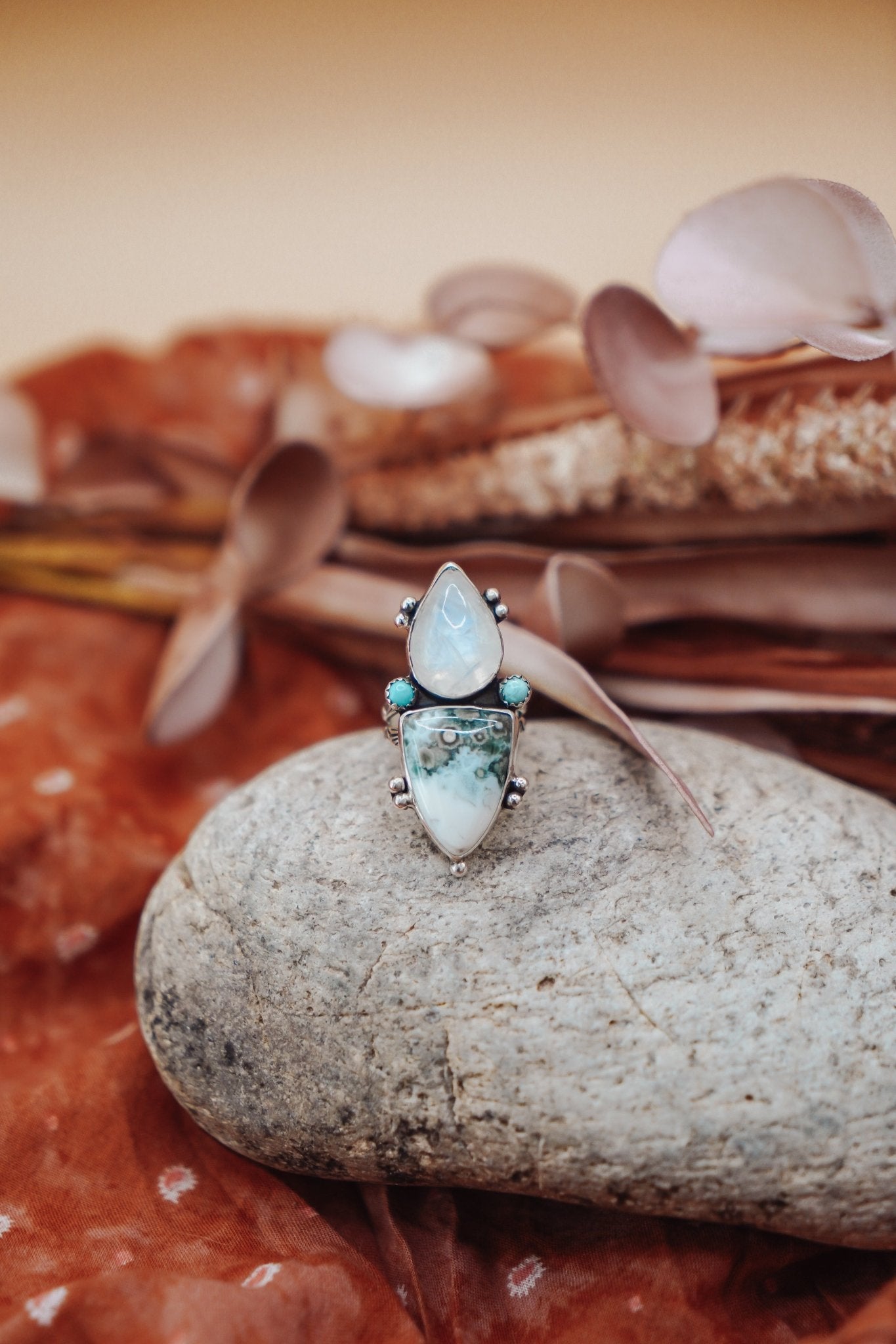 Ocean Jasper, Rainbow Moonstone, & Lone Mtn Turquoise Ring (Size 6) - Golden Road Crafted