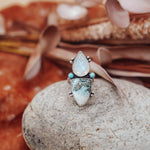 Ocean Jasper, Rainbow Moonstone, & Lone Mtn Turquoise Ring (Size 6) - Golden Road Crafted