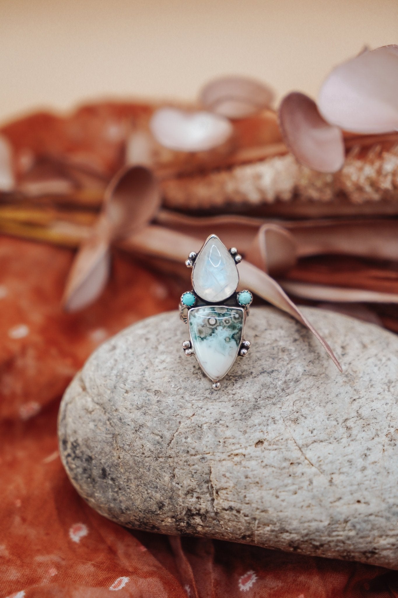 Ocean Jasper, Rainbow Moonstone, & Lone Mtn Turquoise Ring (Size 6) - Golden Road Crafted