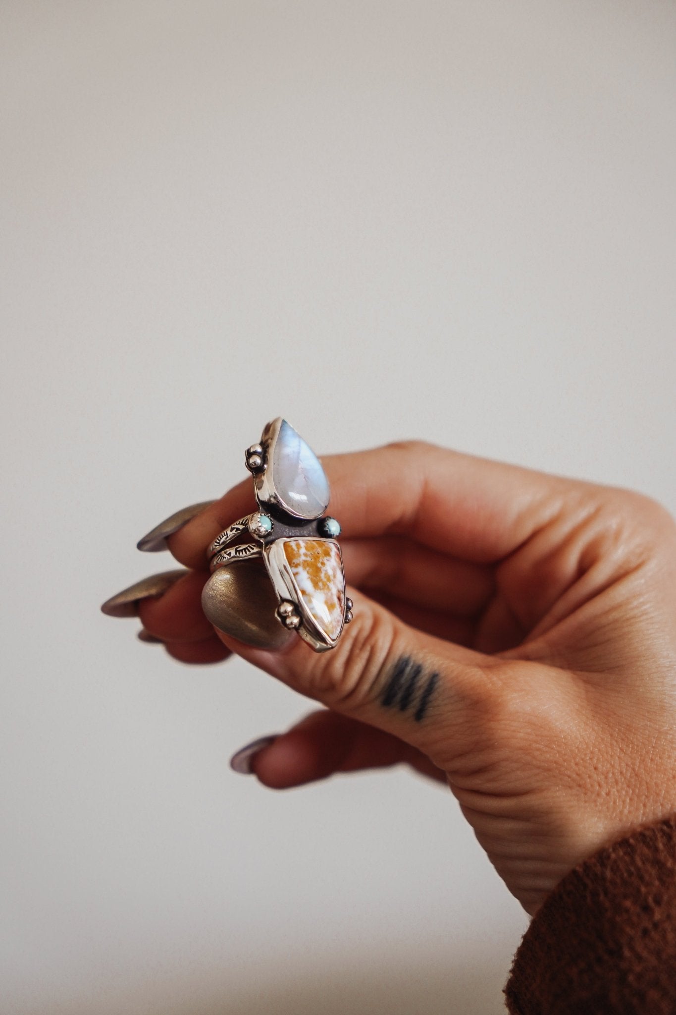 Ocean Jasper, Rainbow Moonstone, & Lone Mtn Turquoise Ring (Size 6.5) - Golden Road Crafted