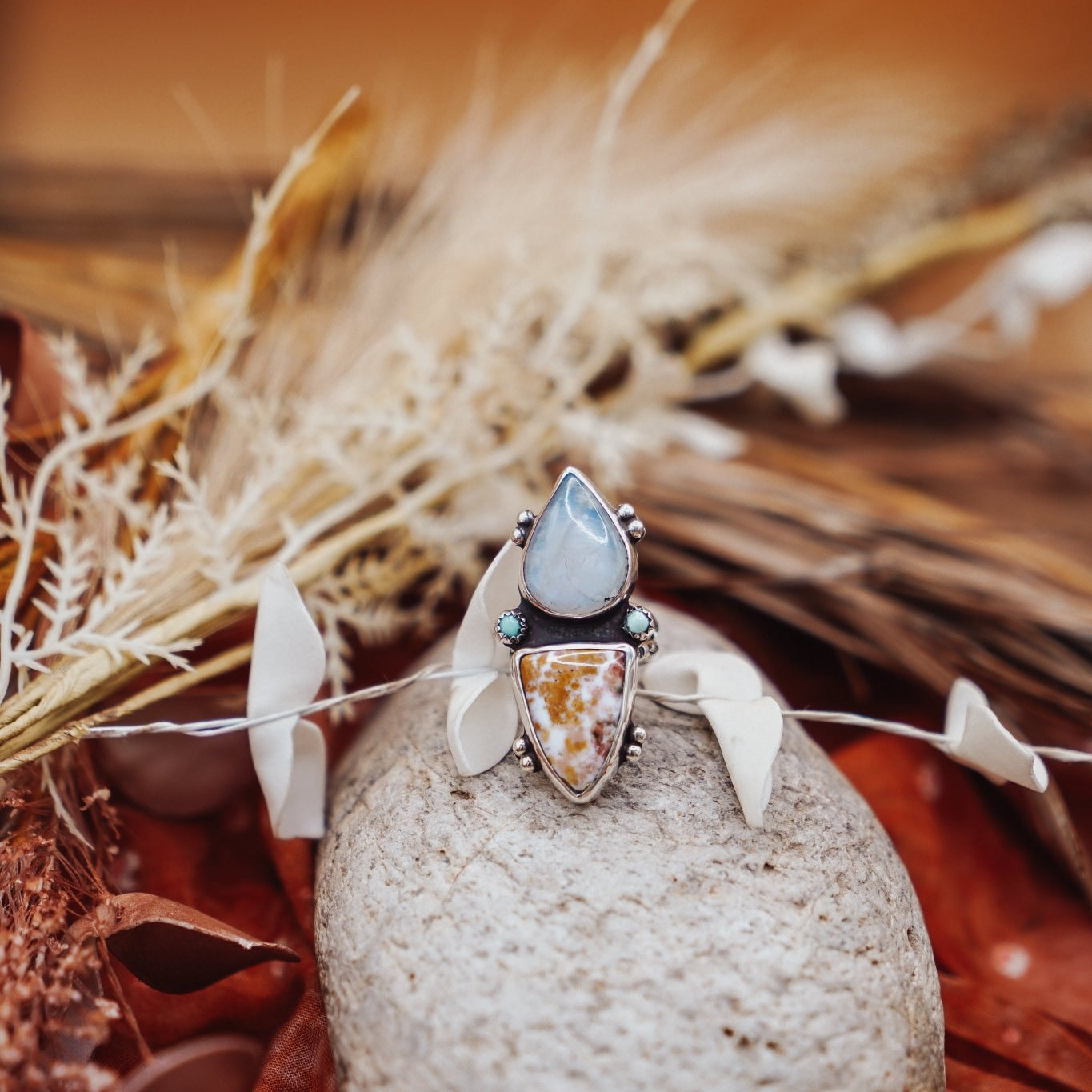 Ocean Jasper, Rainbow Moonstone, & Lone Mtn Turquoise Ring (Size 6.5) - Golden Road Crafted
