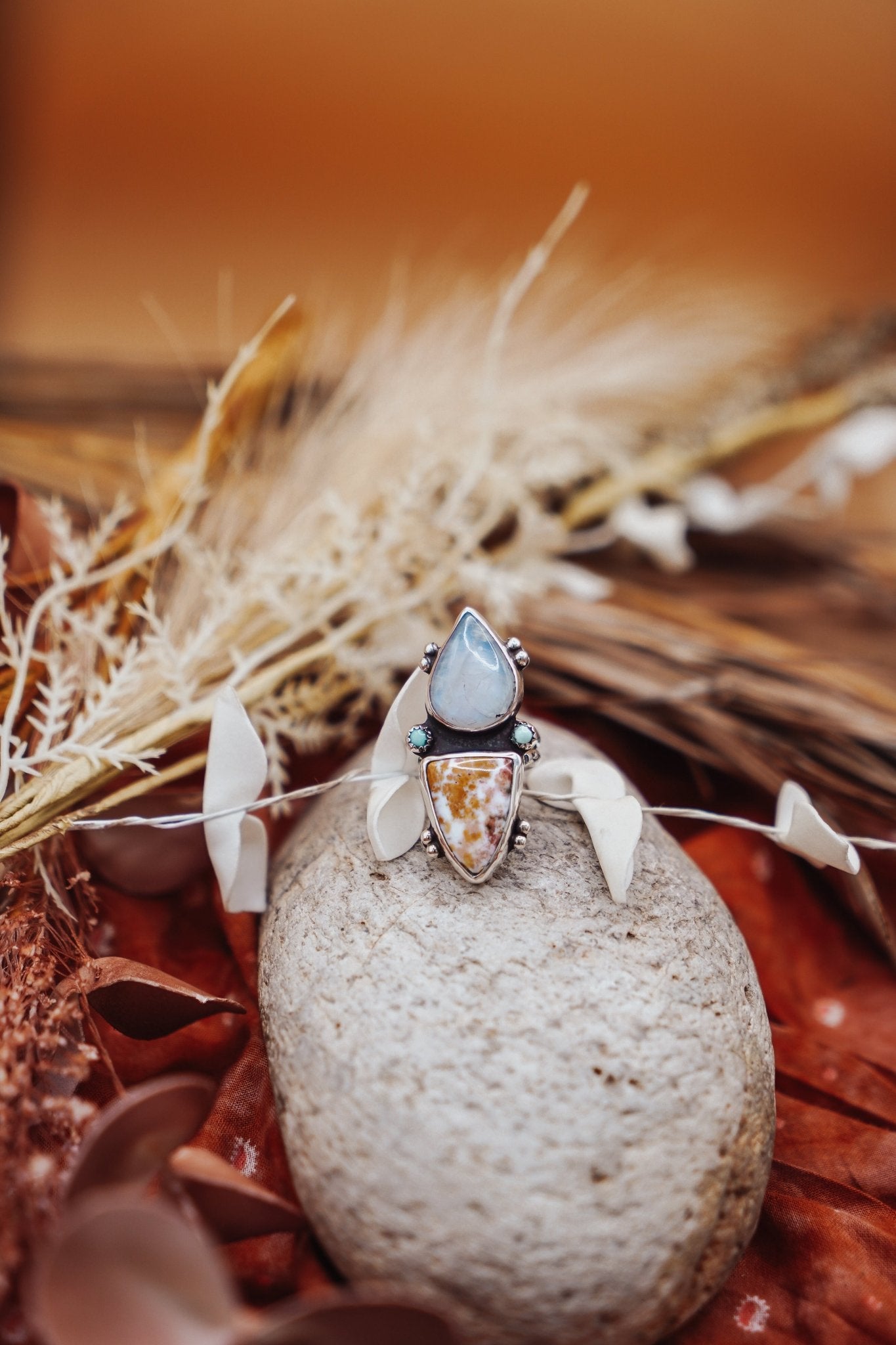 Ocean Jasper, Rainbow Moonstone, & Lone Mtn Turquoise Ring (Size 6.5) - Golden Road Crafted