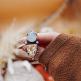 Ocean Jasper, Rainbow Moonstone, & Lone Mtn Turquoise Ring (Size 6.5) - Golden Road Crafted