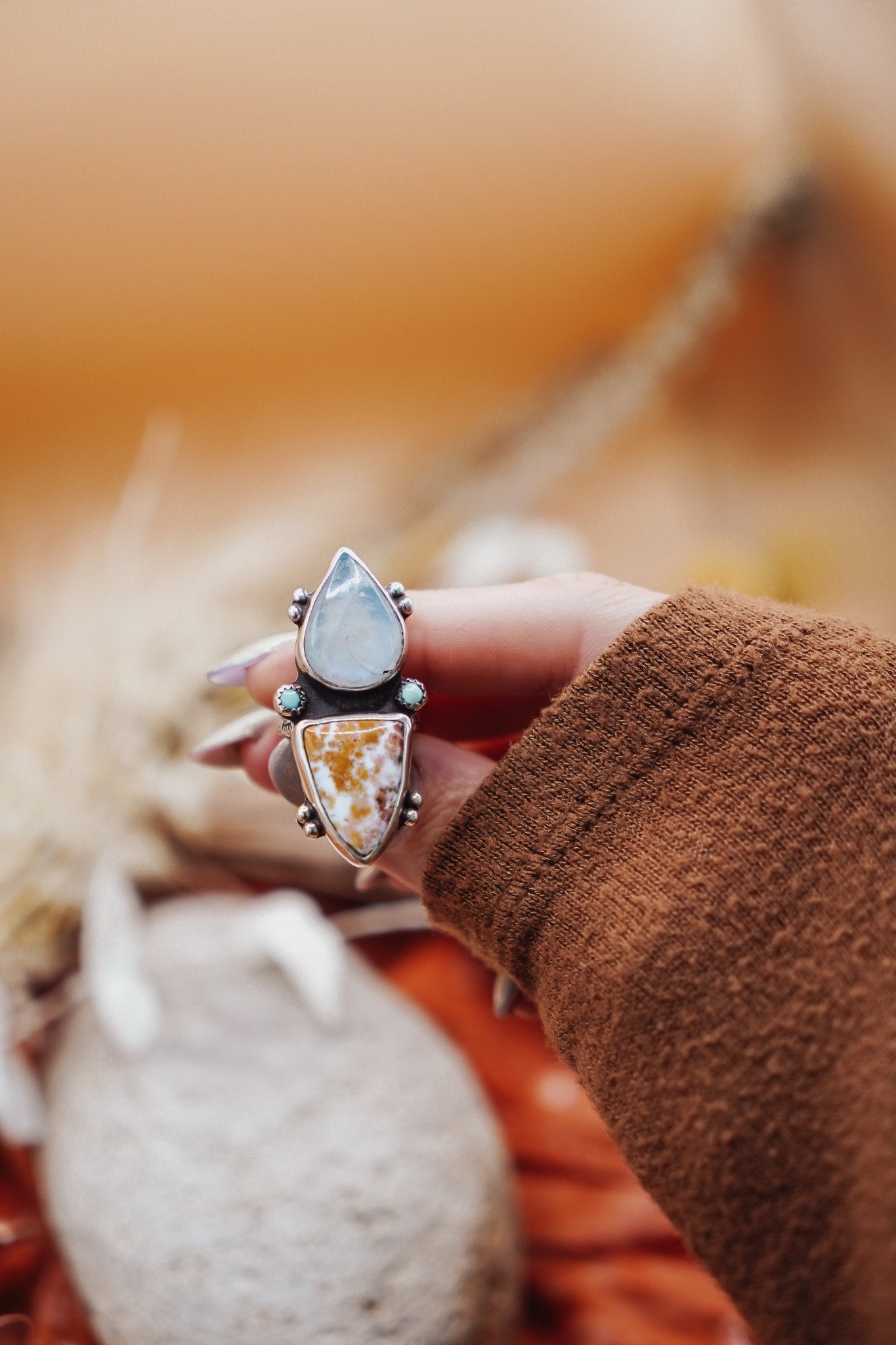 Ocean Jasper, Rainbow Moonstone, & Lone Mtn Turquoise Ring (Size 6.5) - Golden Road Crafted