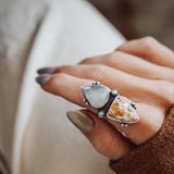 Ocean Jasper, Rainbow Moonstone, & Lone Mtn Turquoise Ring (Size 6.5) - Golden Road Crafted