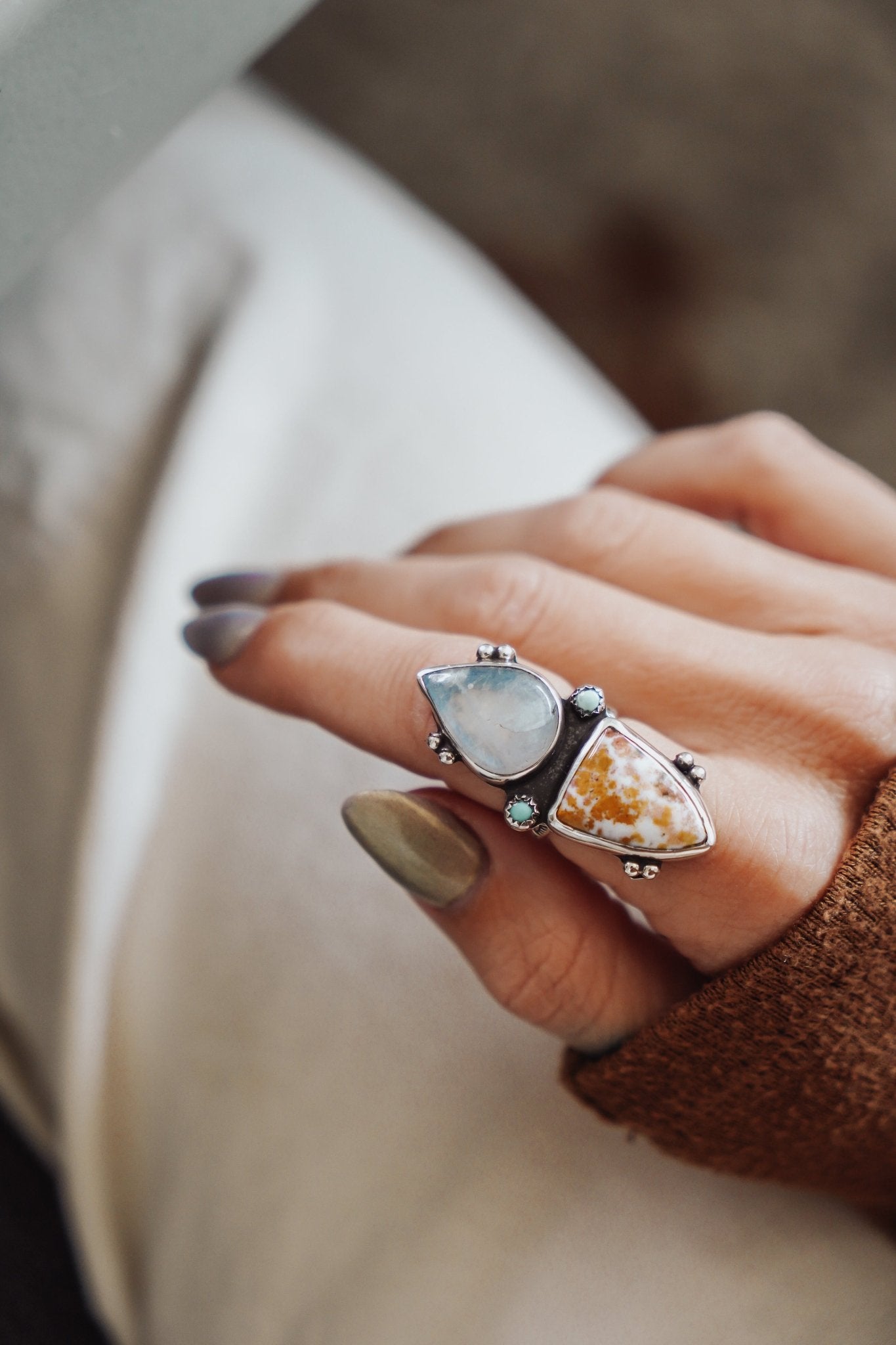 Ocean Jasper, Rainbow Moonstone, & Lone Mtn Turquoise Ring (Size 6.5) - Golden Road Crafted