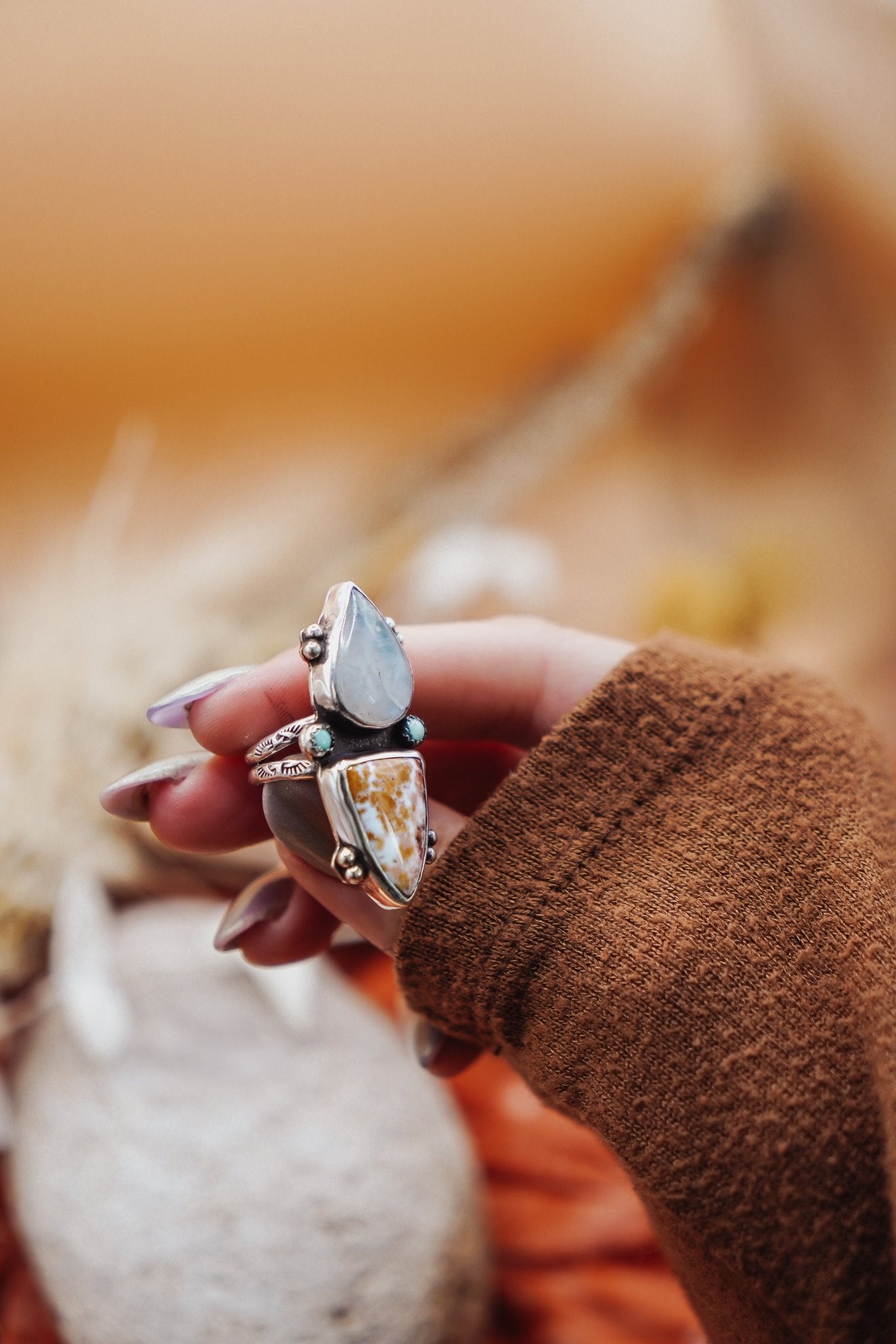 Ocean Jasper, Rainbow Moonstone, & Lone Mtn Turquoise Ring (Size 6.5) - Golden Road Crafted
