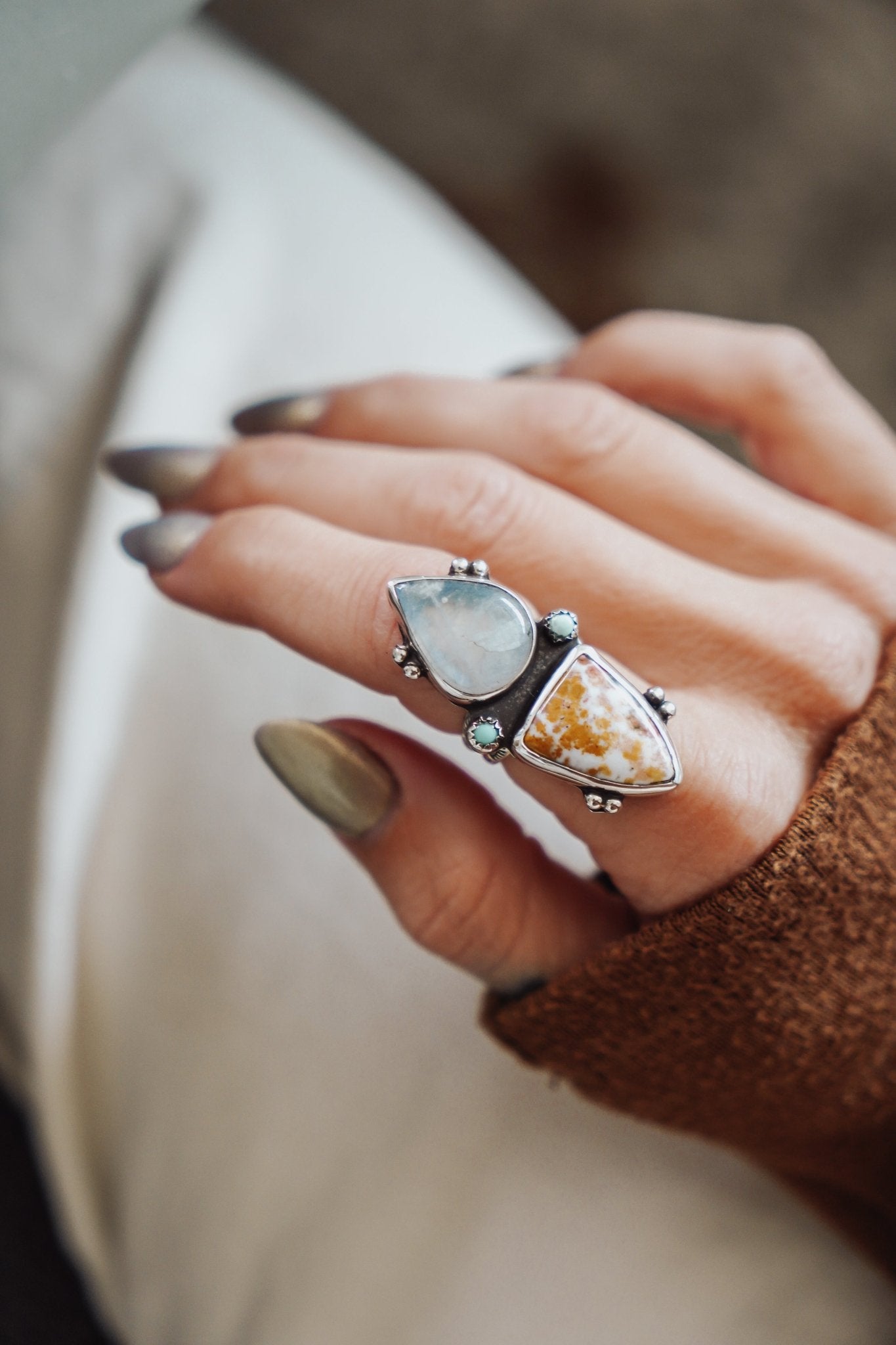 Ocean Jasper, Rainbow Moonstone, & Lone Mtn Turquoise Ring (Size 6.5) - Golden Road Crafted