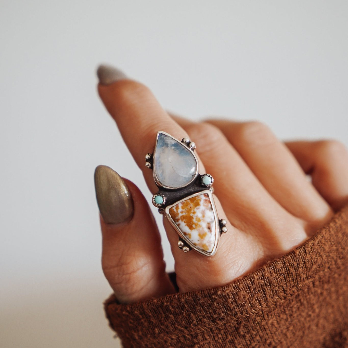 Ocean Jasper, Rainbow Moonstone, & Lone Mtn Turquoise Ring (Size 6.5) - Golden Road Crafted