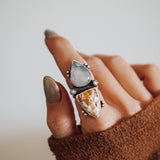 Ocean Jasper, Rainbow Moonstone, & Lone Mtn Turquoise Ring (Size 6.5) - Golden Road Crafted