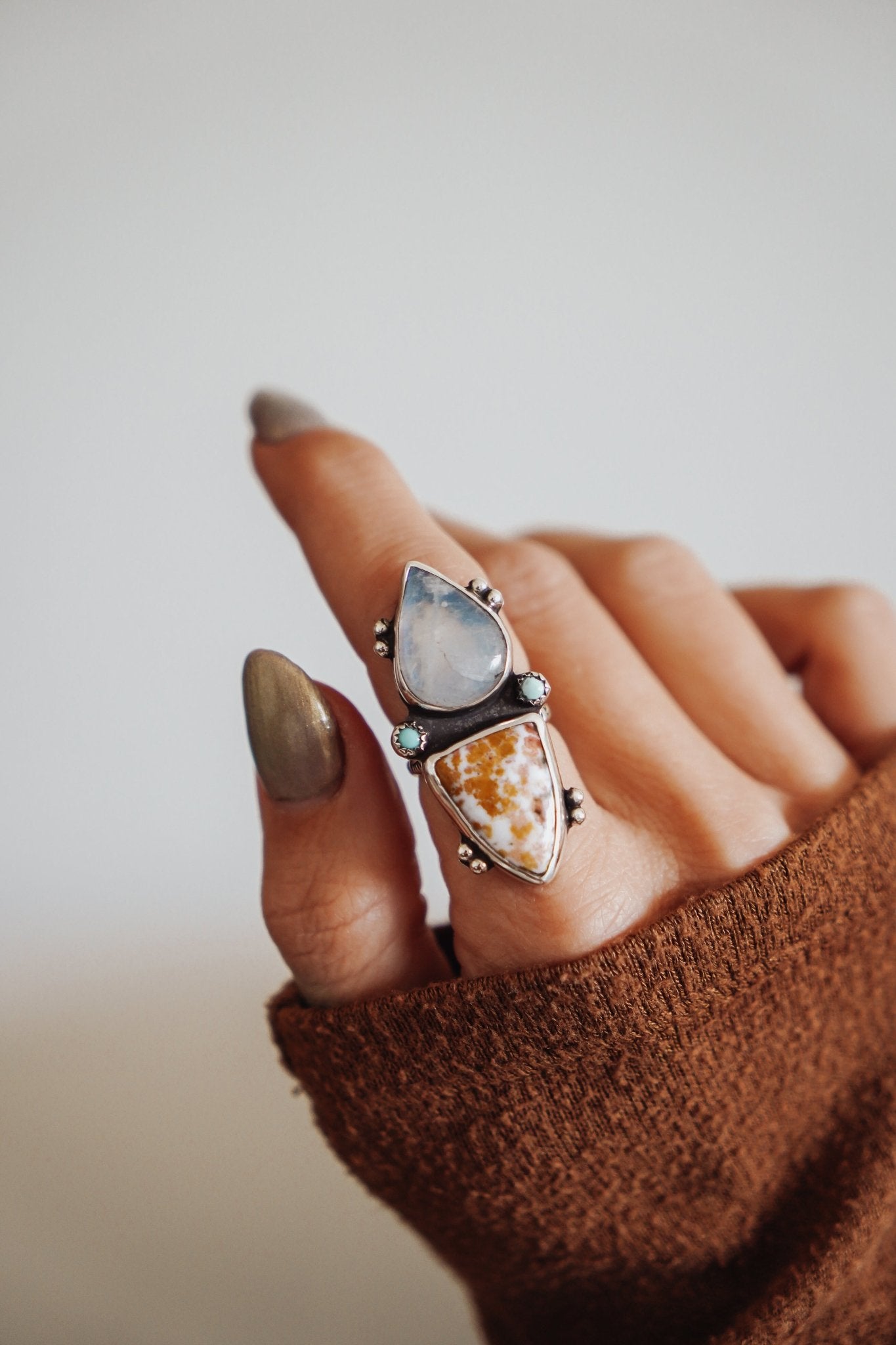 Ocean Jasper, Rainbow Moonstone, & Lone Mtn Turquoise Ring (Size 6.5) - Golden Road Crafted