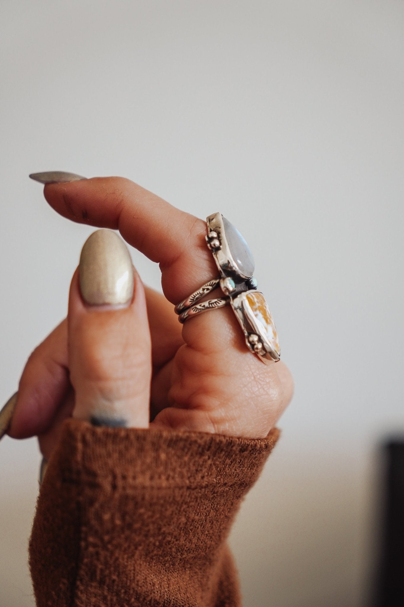 Ocean Jasper, Rainbow Moonstone, & Lone Mtn Turquoise Ring (Size 6.5) - Golden Road Crafted