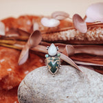 Ocean Jasper, Rainbow Moonstone, & Lone Mtn Turquoise Ring (Size 6.75) - Golden Road Crafted